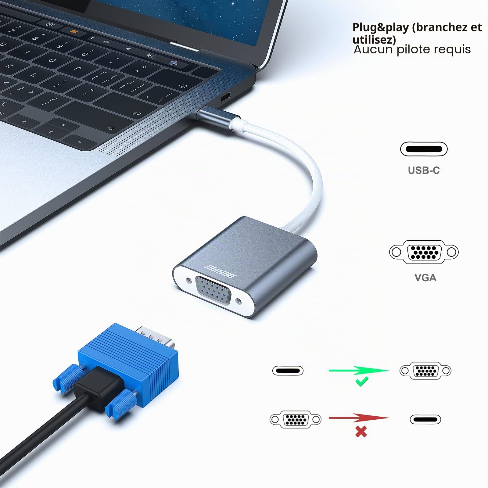 BENFEI Adaptateur USB C vers VGA, Thunderbolt 3/4 vers VGA Mâle vers Femelle, Compatible avec MacBook Pro/Air, iPhone 15 Plus Pro Max, Version en Aluminium