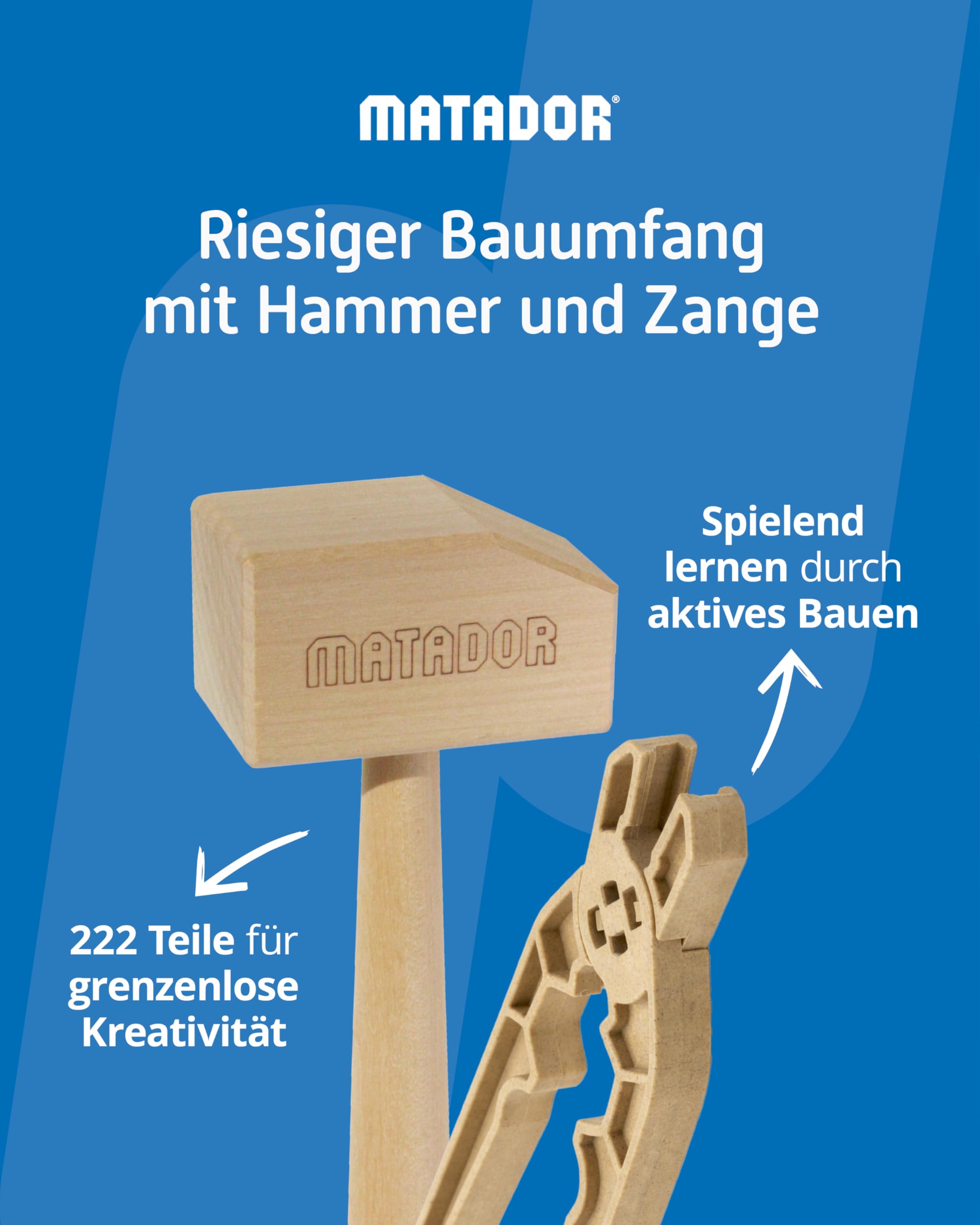Matador Kinder Baukasten ab 5 Jahren 222-tlg. - Spannendes Holz Konstruktionsspielzeug zur Schulung von Kreativität und Feinmotorik, Bauspielzeug mit Stäbchen, Klötzen, Hammer & Zange