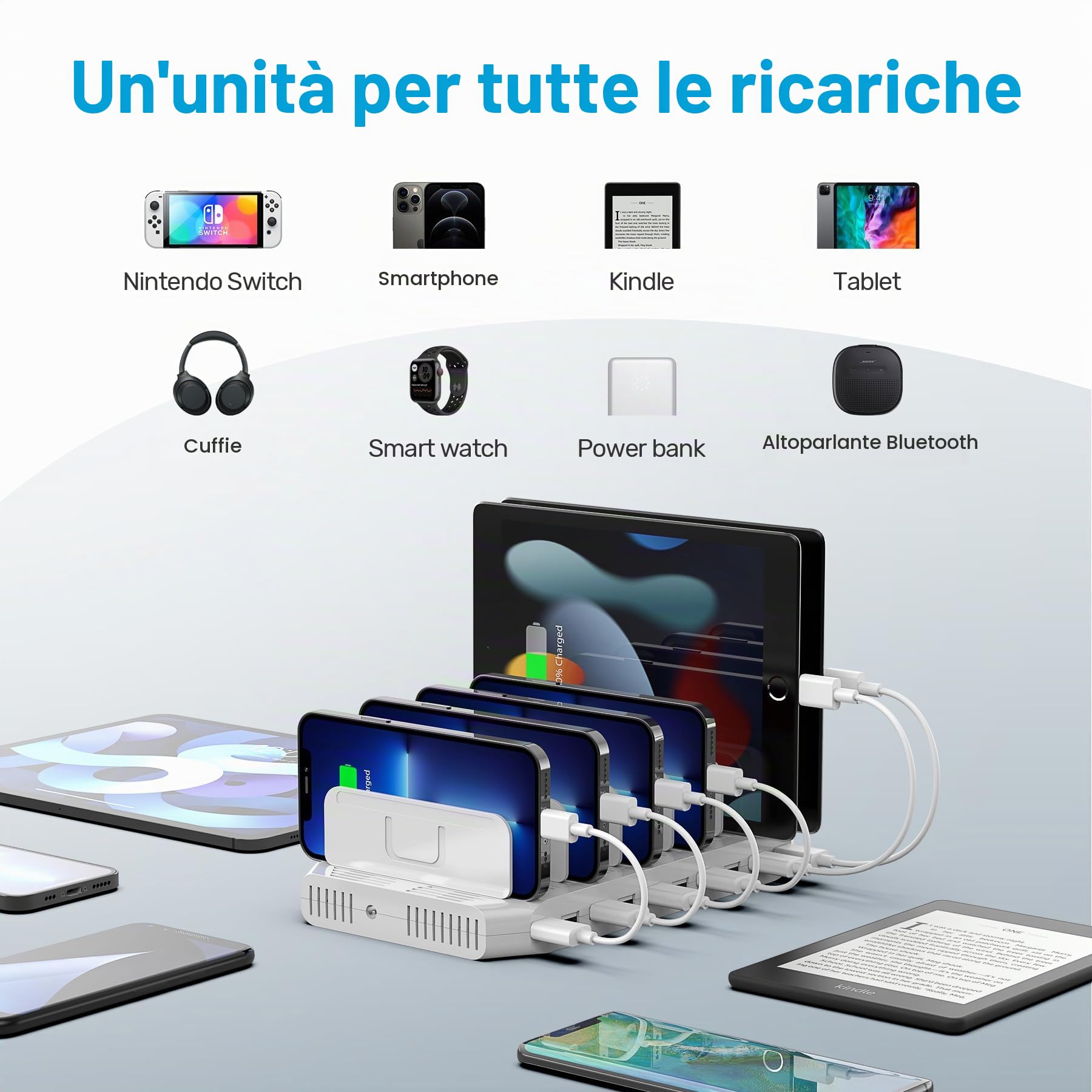 Unitek 60 W, stazione di ricarica USB a 10 porte, stazione di ricarica multipla con SmartIC Tech e compatibile con telefoni, tablet e altri dispositivi