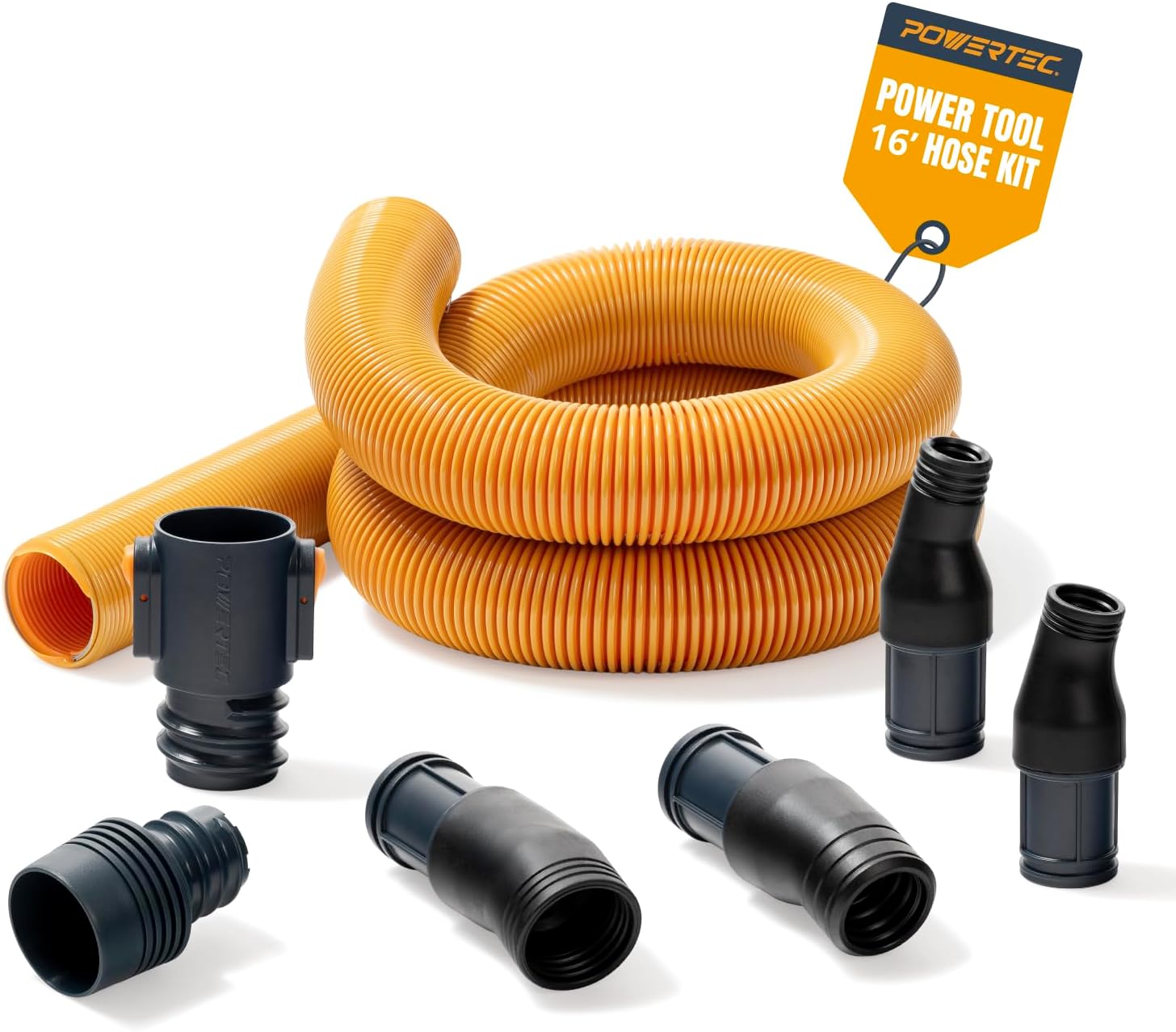 POWERTEC Power Tool Hose Kit with 16’ Vacuum Hose, 4 Quick Change Adapters & Threaded Coupler – Dust Collector Hose Kit for Connecting Table Saw, Power Tools to Shop Vacuums and Dust Collection System