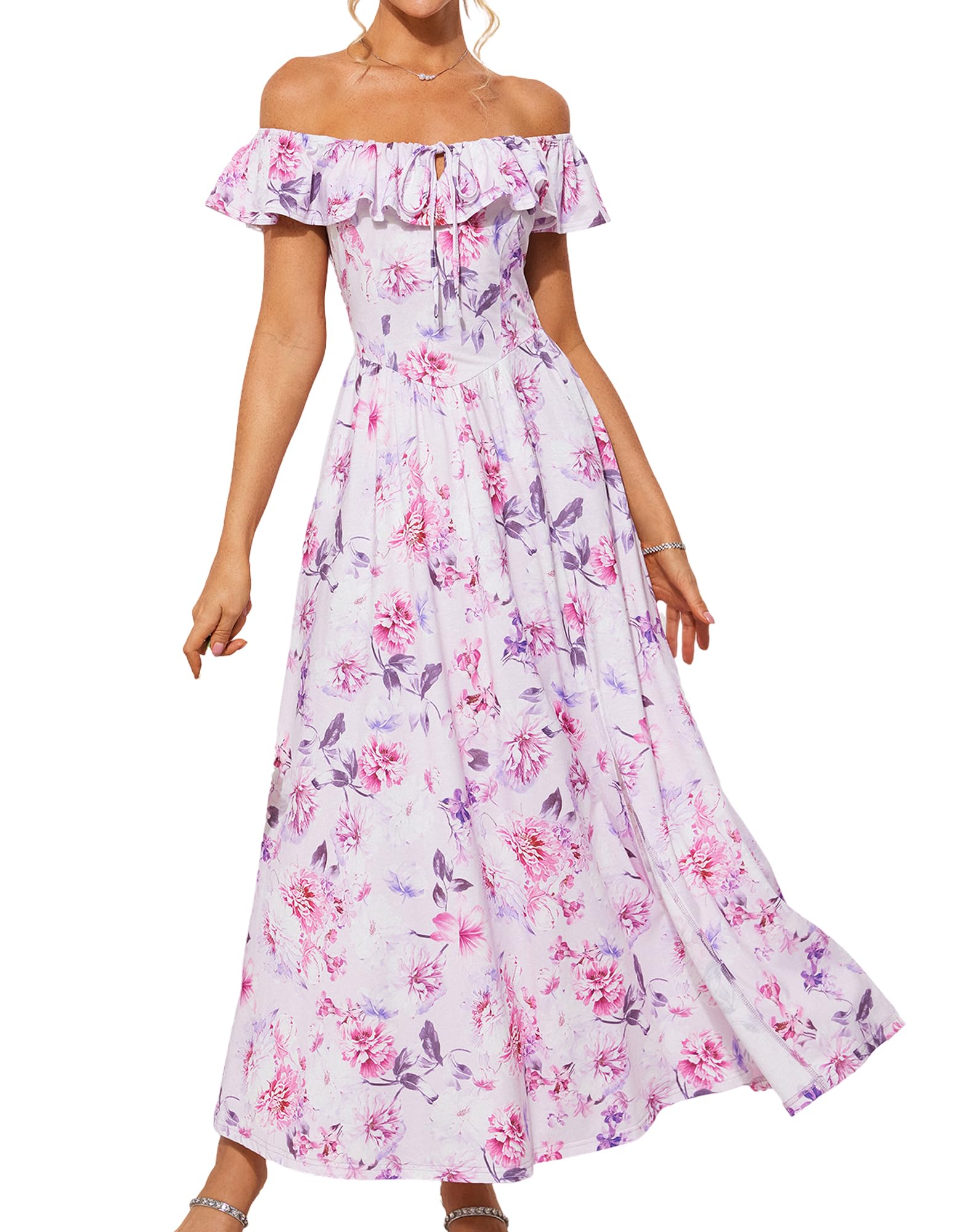 GRACE KARIN 2025 Womens Maxi Dresses Summer Off Shoulder Floral Dress Ruffle Split Beach Flowy Boho Wedding Guest Dress