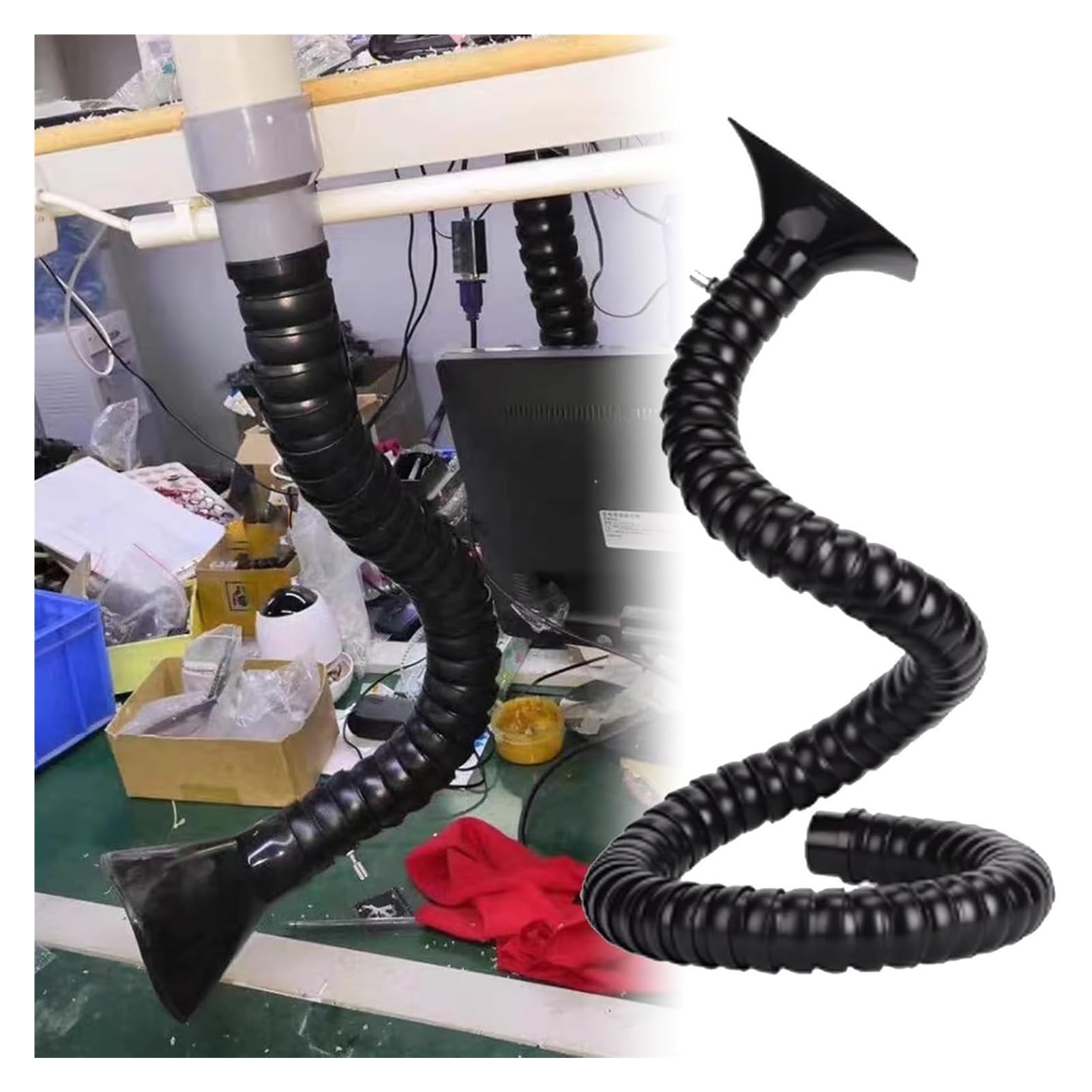 Braccio di aspirazione fumi industriale con cappuccio regolabile e tubo flessibile per la rimozione di fumi pericolosi e polveri in officina e laboratorio