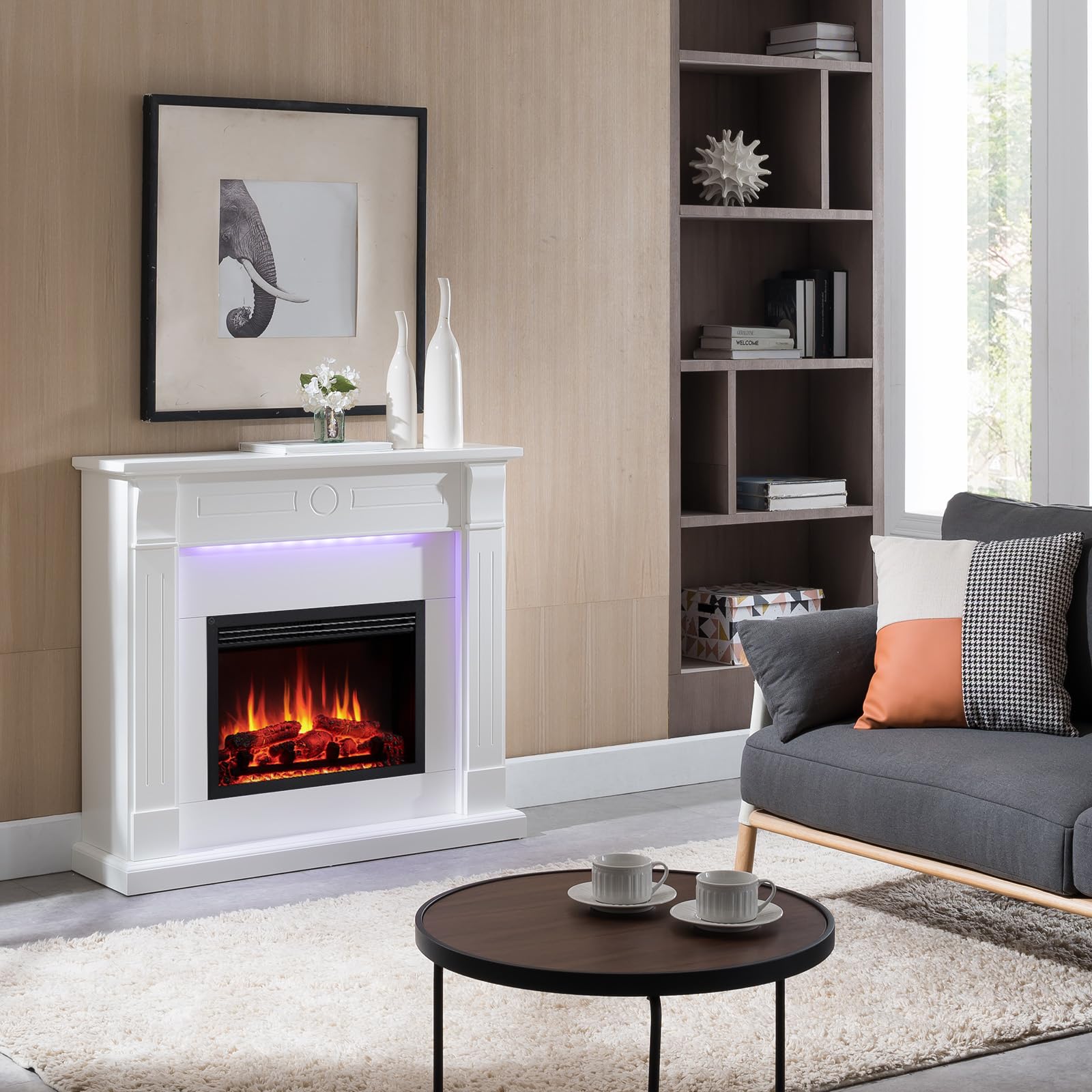 Elektrokamin BALDERIA Hikaru - Standkamin mit Heizung bis 2000W, 3D-Flammeneffekt, LED-Beleuchtung, Knister-Sound, App-Steuerung, WiFi, Fernbedienung, Timer, Thermostat - Weiß
