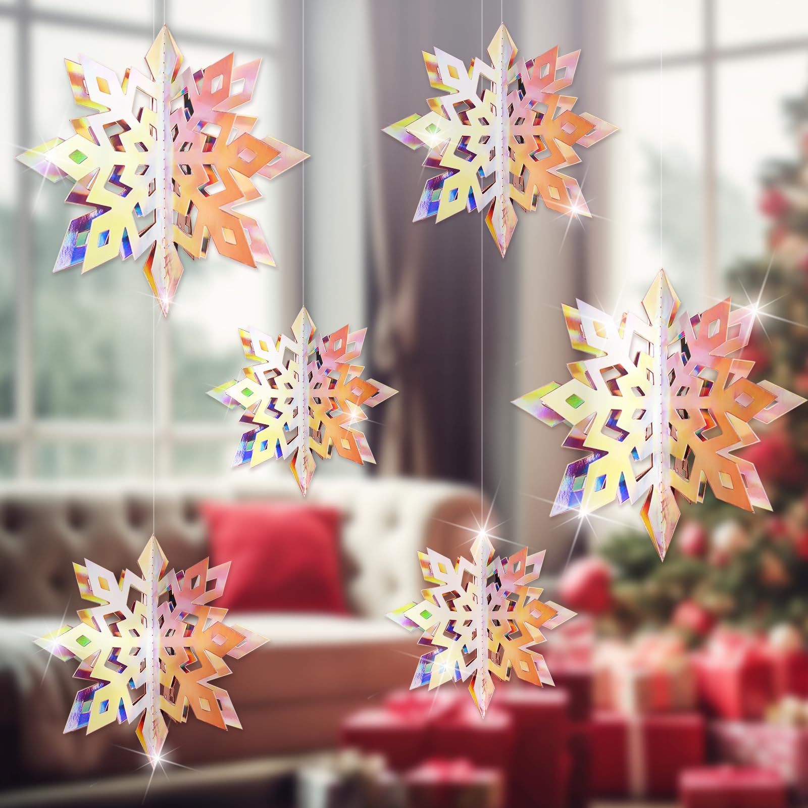 6PCS Christmas Snowflake Decorations, 3D Iridescent Hanging Snowflake Decorations, Rainbow Paper Snowflakes Hanging, Snowflake Garland for Home Office Christmas Decorations Indoor Outdoor