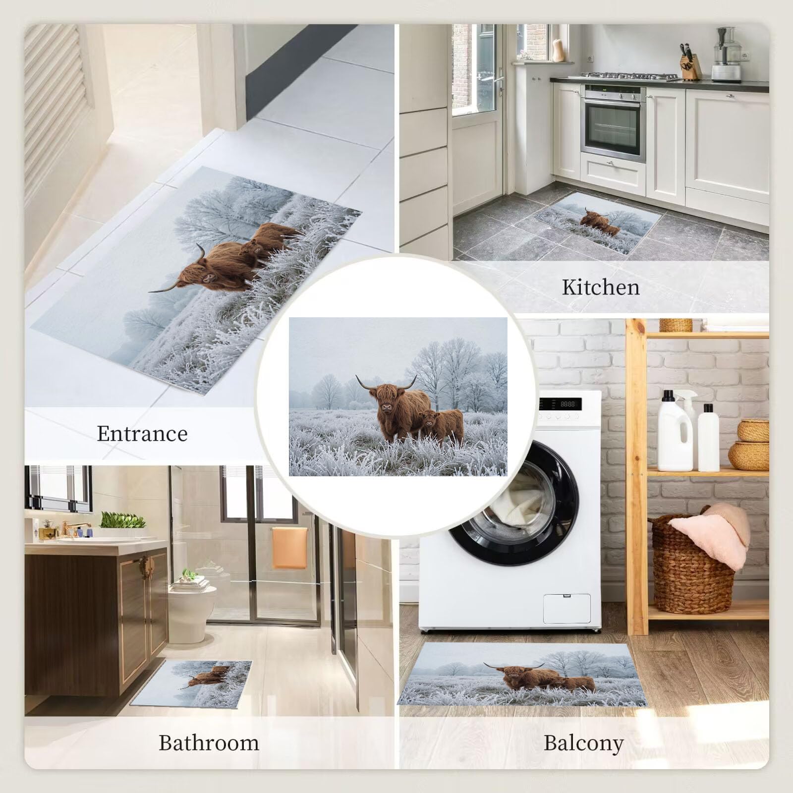 Zerbino Trappola Sporco Paesaggio Invernale Animali, 90X150Cm, Tappetino Antiscivolo Lavabile Campo Innevato Bovini Highlands, Zerbino Interno Morbide Assorbenti Per Corridoio Ingresso Porta, Bianco