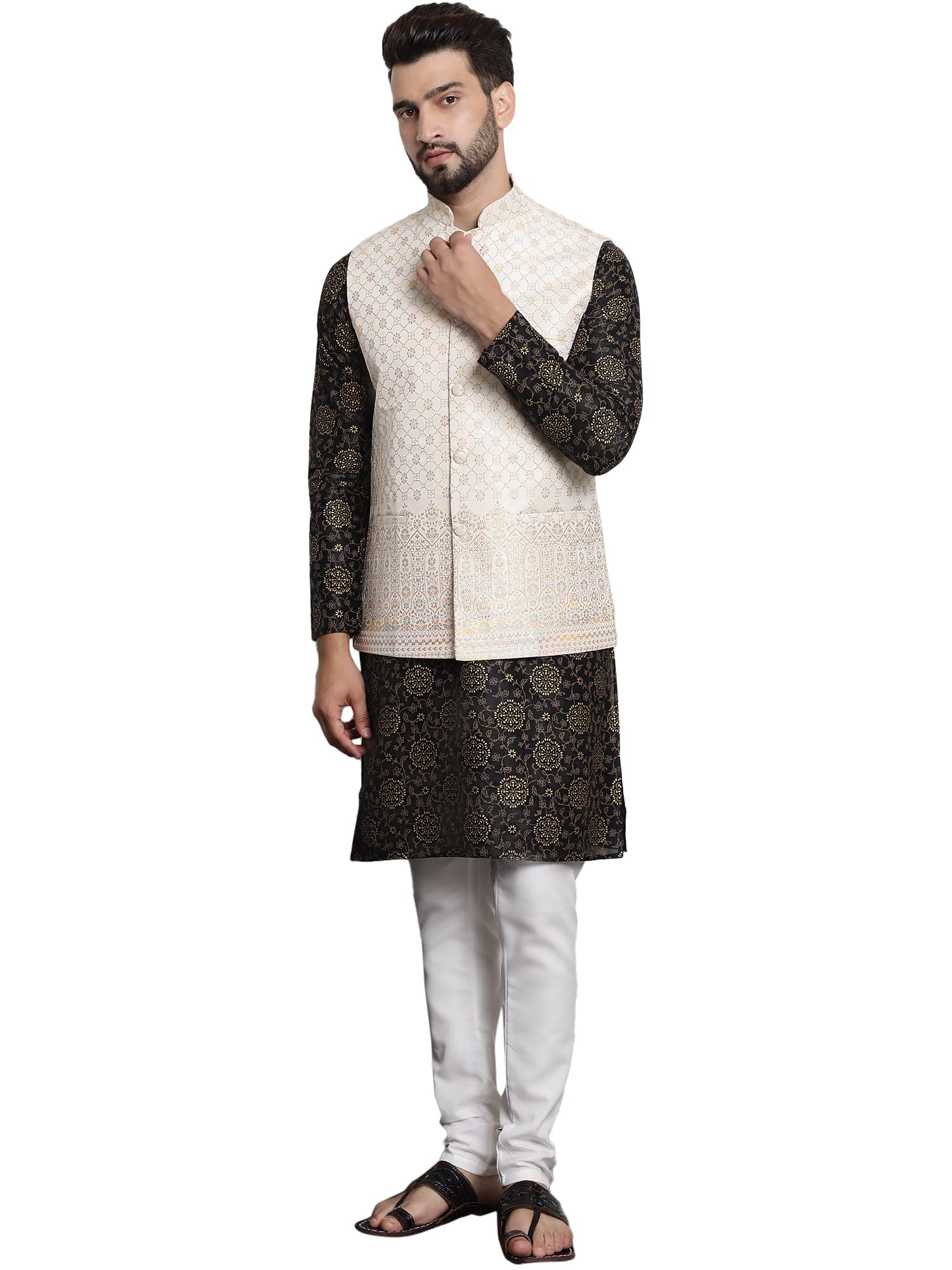 Sojanya (Since 1958 Men's Silk Blend Print Black Kurta And Cream Pyjama With Cream Nehru Jacket