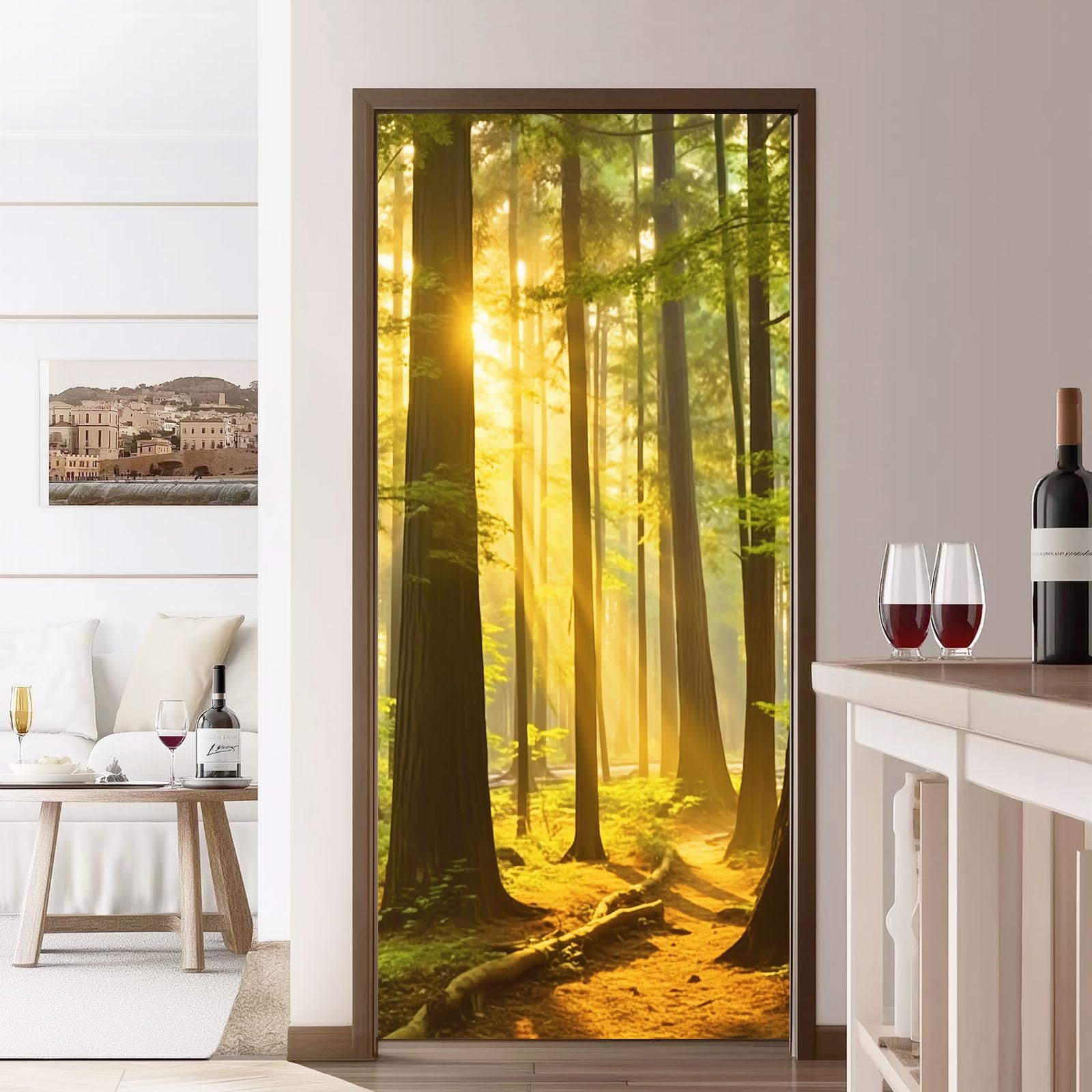 Adhesivo decorativo para puerta de naturaleza, 95 x 215 cm, póster de puerta, autoadhesivo, adhesivo de pared, bosque, árboles de luz del sol, para dormitorio, salón, cocina, cuarto de baño, verde