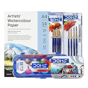 Ondesk Painting Smart Kit Mega Gift Pack | Best for School & College | 5 Assorted Items | Watercolor, Poster Color, Paint Brush, Watercolor Paper (200 GSM | A4 | Pack of 14) Stationery Combo