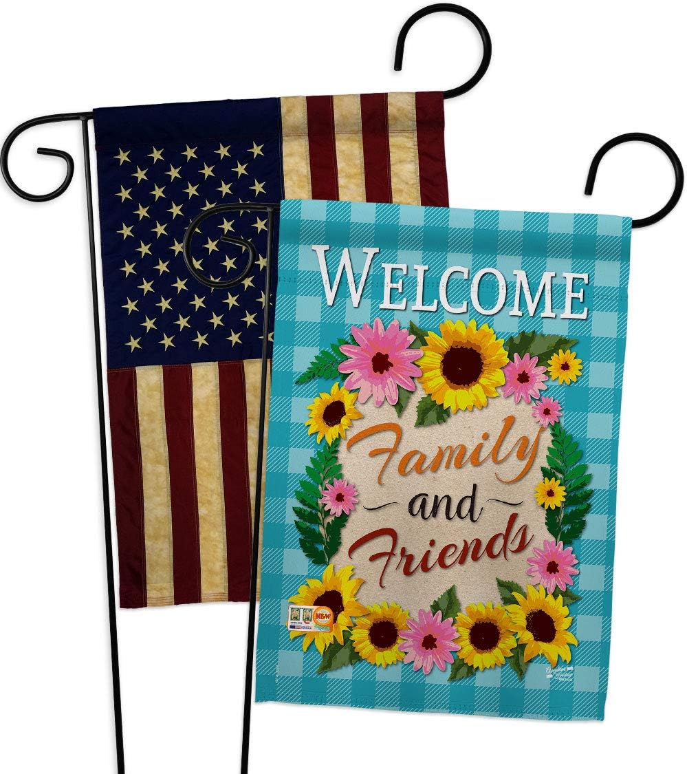 Welcome Family and Friends Garden Flags Pack Floral Sunflower Tulip Rose Orchid Lilies Season Springtime Flower Wreath USA Applique Small Gift Yard House Banner Made In 13 X 18.5