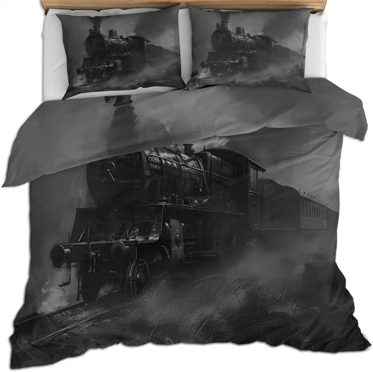 Steam Train Duvet Cover Set Full Size - Vintage Train Comforter Cover, 3 Pcs Lightweight Soft Antique Steam Engine Bedding Set for All Seasons