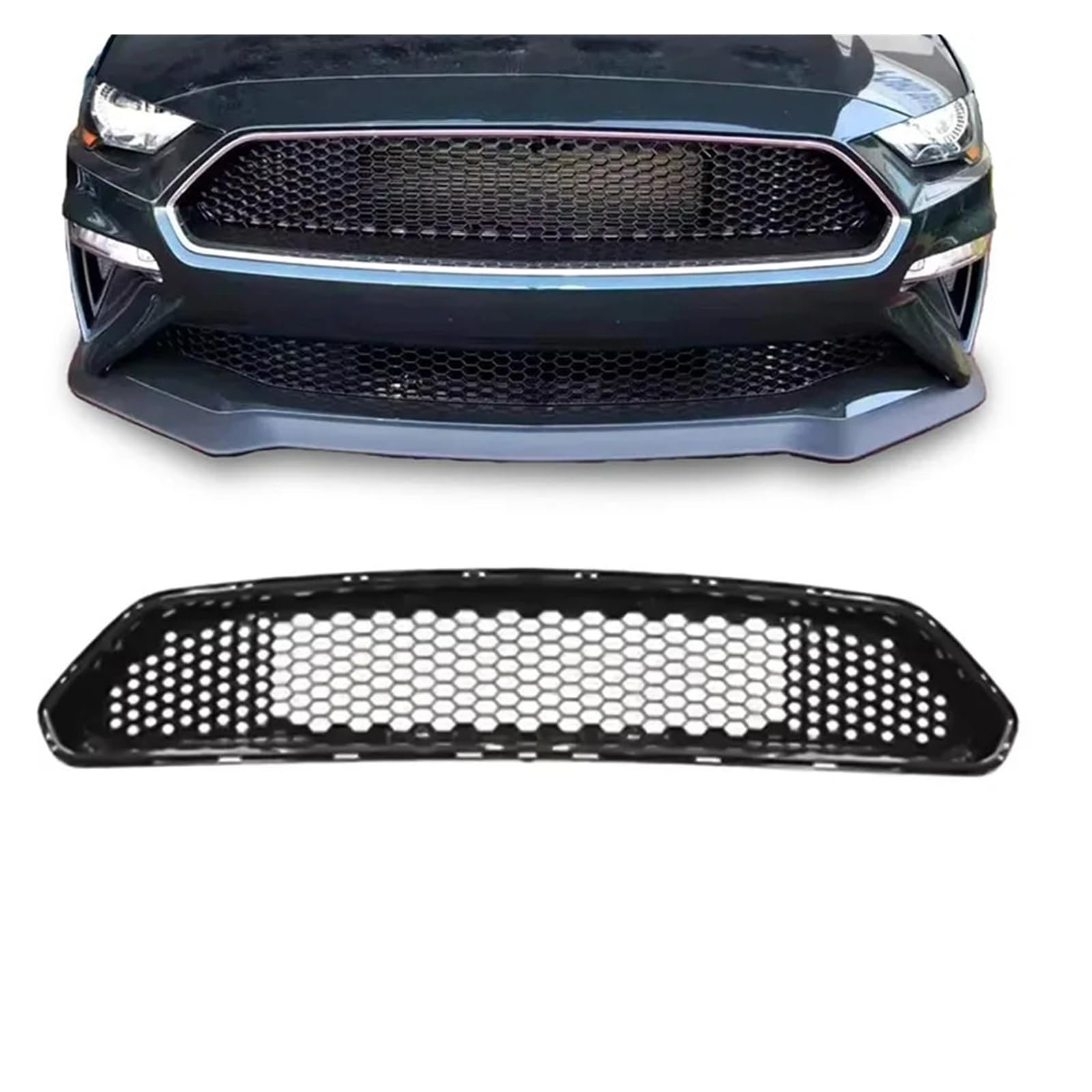 Pasuje do kratki Ford Mustang 2018-2019 | Zestaw grilla górnego/dolnego przedniego zderzaka, czarna siatka o strukturze plastra miodu(Upper Lower Set)