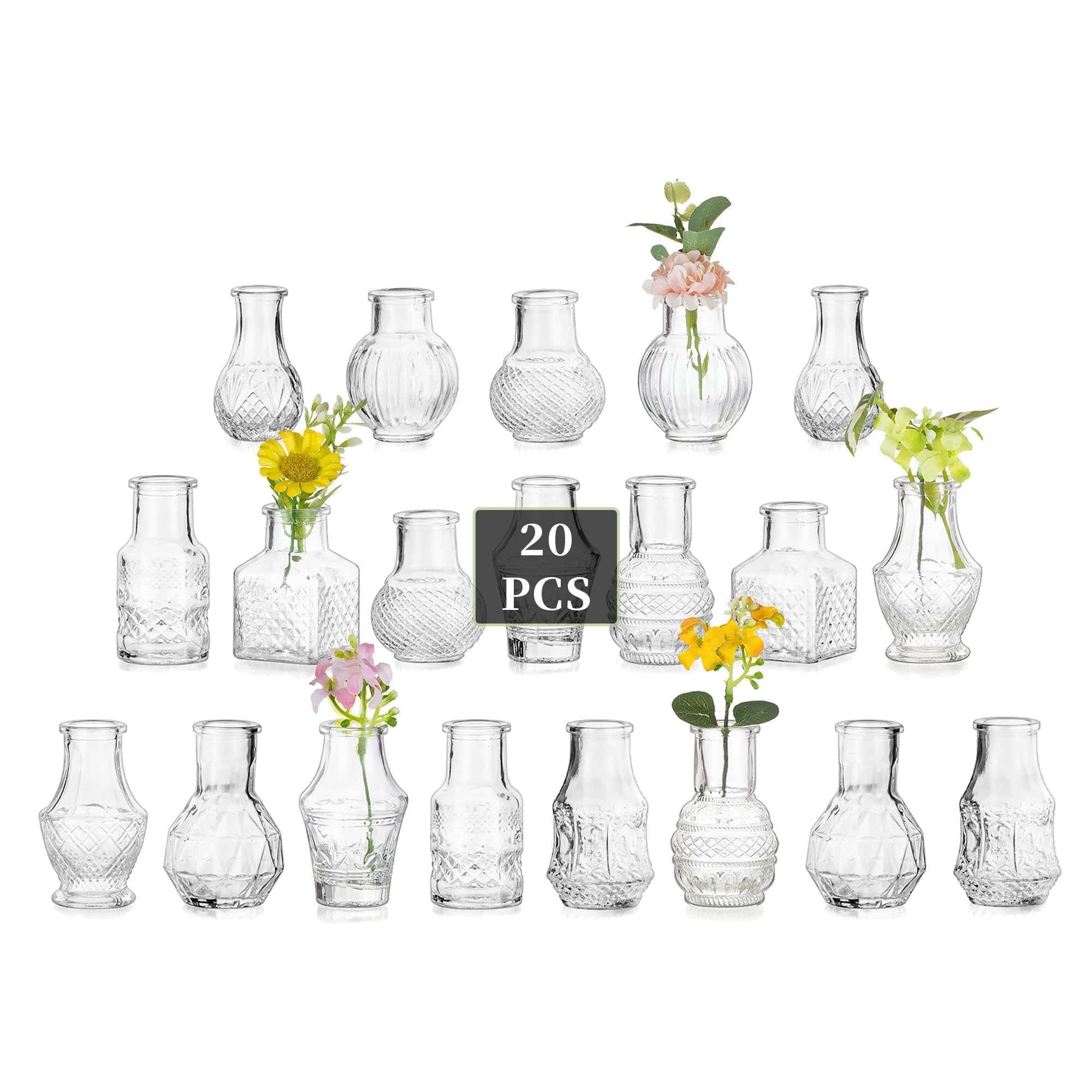 Glasseam Piccoli Vasi per Fiori per Centrotavola: Set di 20 Mini Vasi in Vetro Trasparente per Decorazioni Centrotavola per Matrimoni Tavoli da Pranzo e Tavoli da Sala da Pranzo