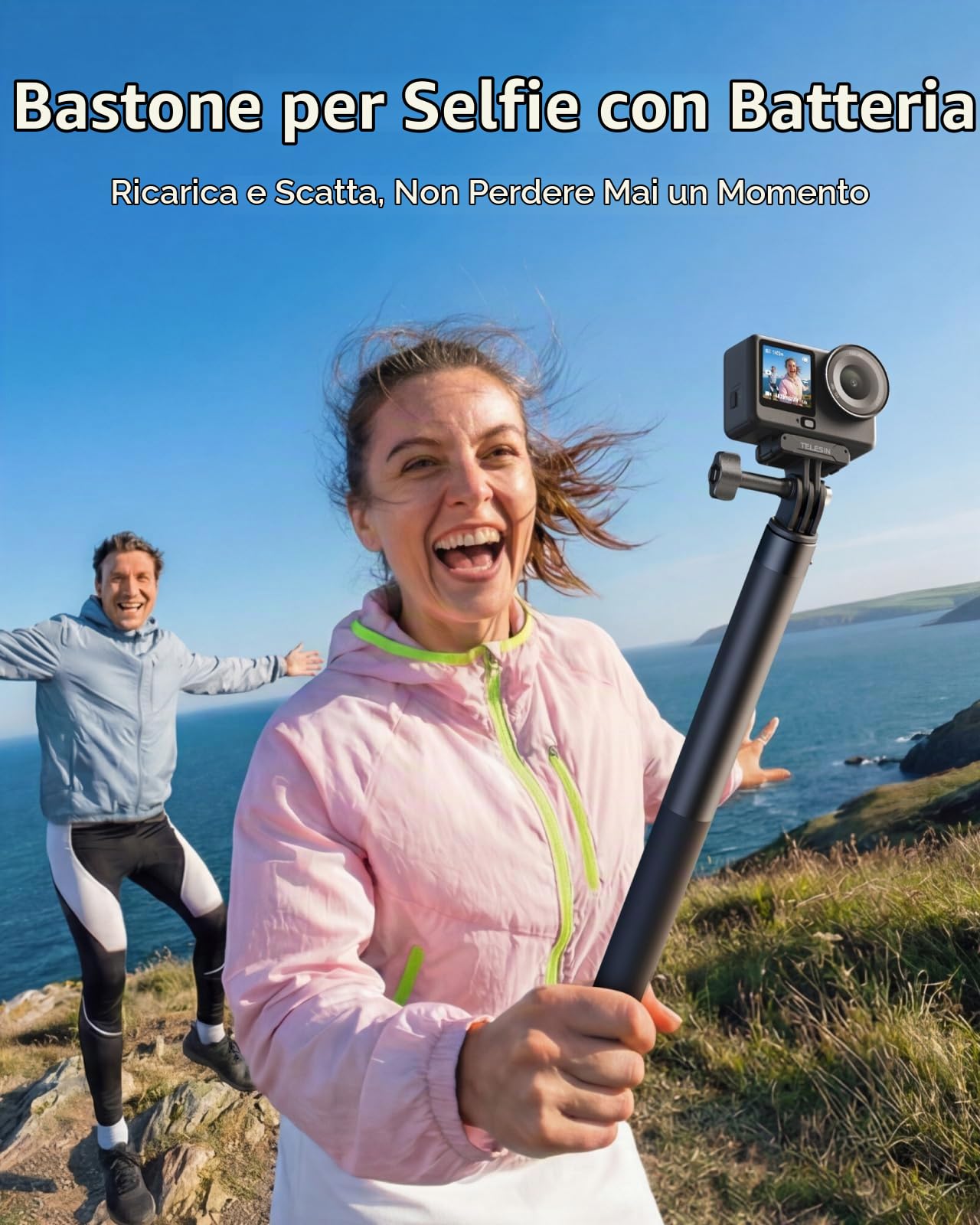 TELESIN 102 cm Ricaricabile Selfie Stick Estensione Monopiede con maniglia di ricarica 5000 mAh Power Bank Maniglia di ricarica per GoPro 13-9 Insta360 DJI Osmo Action 6 5 Pro 4 3 & iPhone & Android