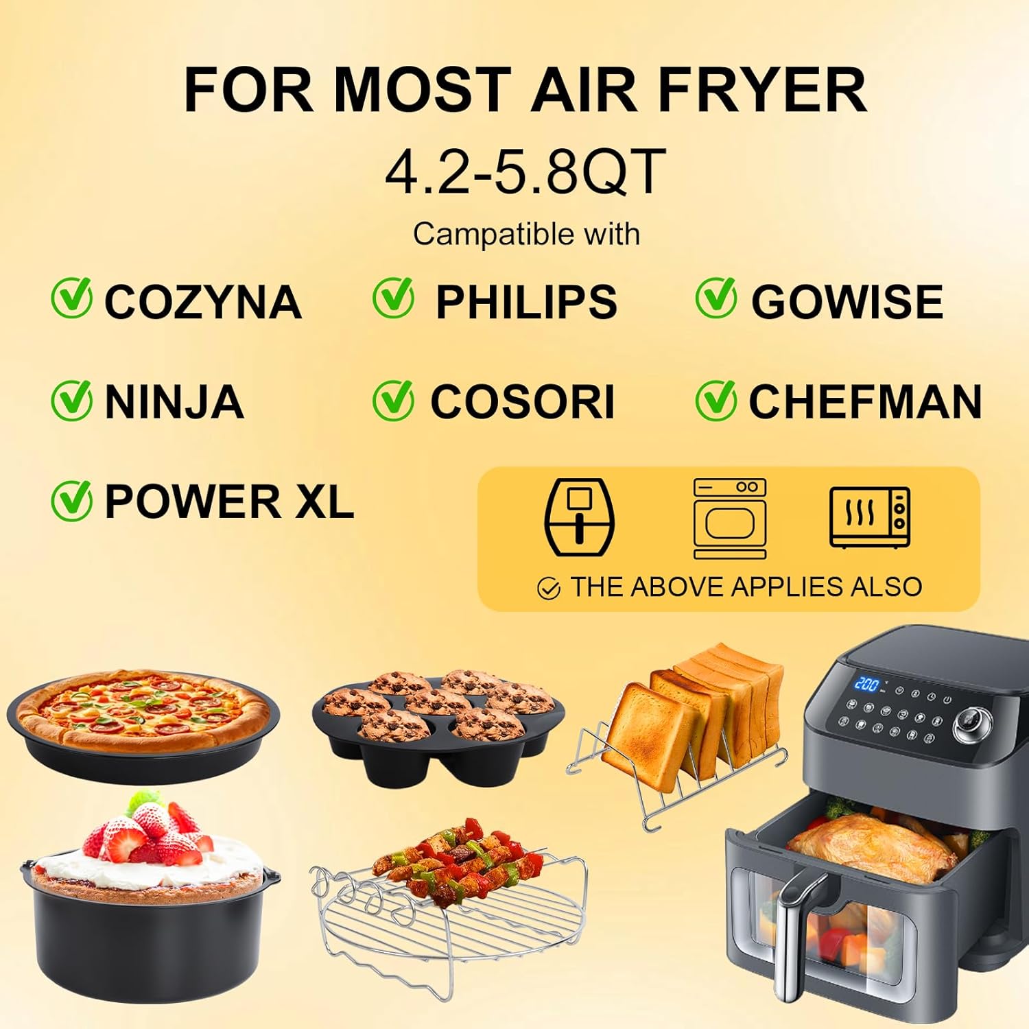 Air Fryer Accessories Kit - 12pcs Universal for 4, 4.2, 5, 5.5, 5.8 QT Gowise Cosori Phillips Ninja Cozyna Air Fryer
