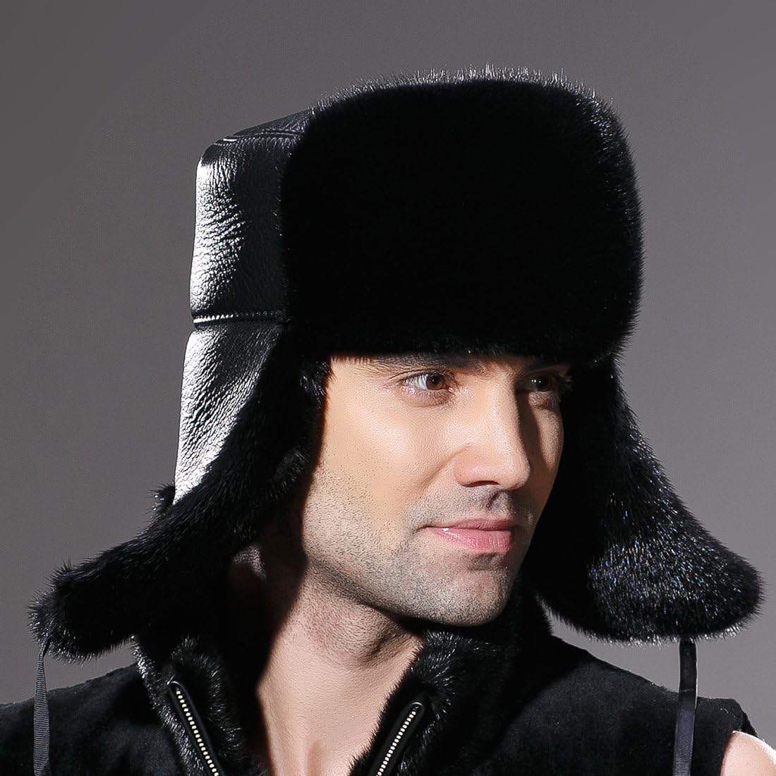 URSFUR Mens Russian Ushanka Hat Leather Winter Real Mink Trapper Cap