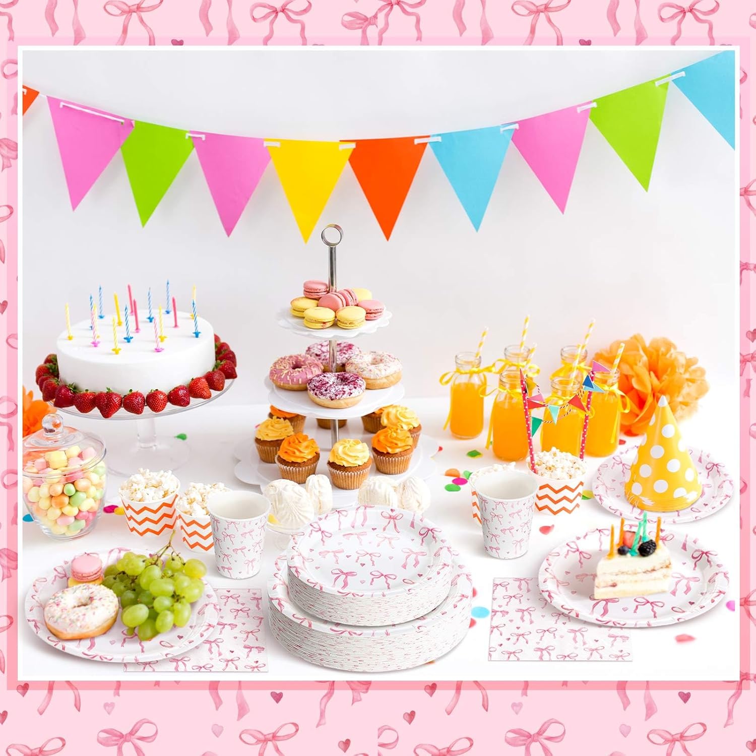 Pickmesh 250 Pcs Bow Birthday Decorations Pink Bow Plates Napkins and Cups Pink Coquette Birthday Party Decoration Bridal Shower Dinnerware Sets Serve 50 Disposable Tableware for Wedding Party Decor