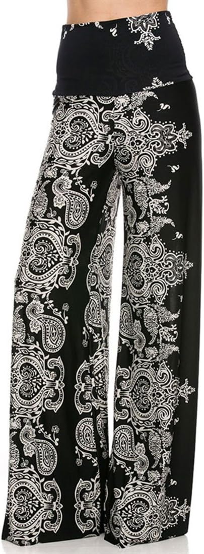 NioBe Plus Size High Waist Foldover Boho Palazzo Pants (3XL, Bandana Black)