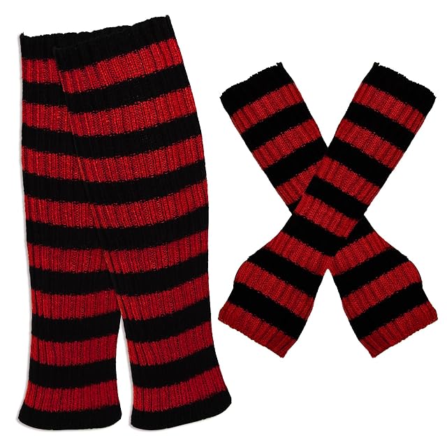Red and White Striped Leg Warmers Fingerless Gloves Socks for Women Girls Cosplay Costume Christmas Party