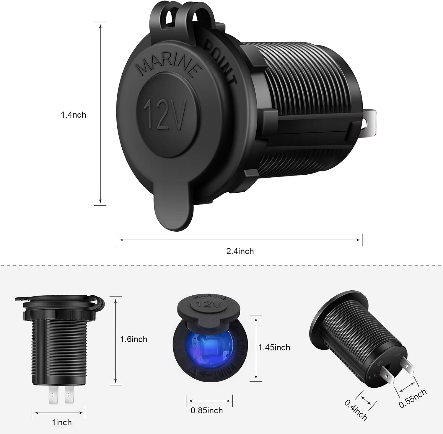 Female 12 Volt Cigarette Lighter Socket Blue LED Car Automotive Marine ATV Truck RV Boats Lighter Socket Power Outlet Socket Receptacle, 12V/24V DC Flush Mount with Waterproof Plug (3 PC)