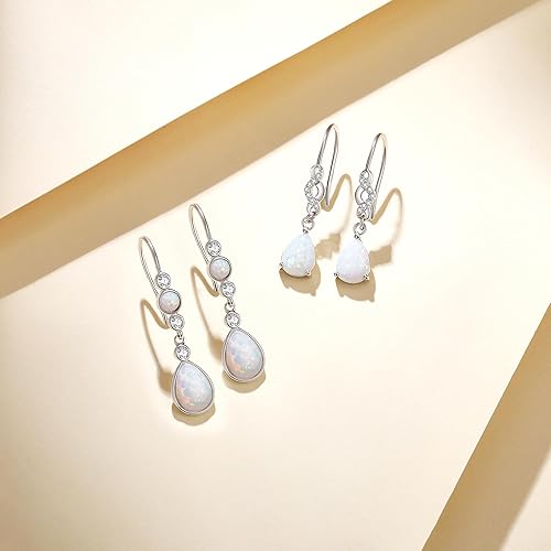 Miniatura 4 de FANCIME Created Opal Earrings Sterling Silver Hook Earrings with 2 White Fire Opal Stones Teardrop October Birthstone Earrings Fine Jewelry for Women