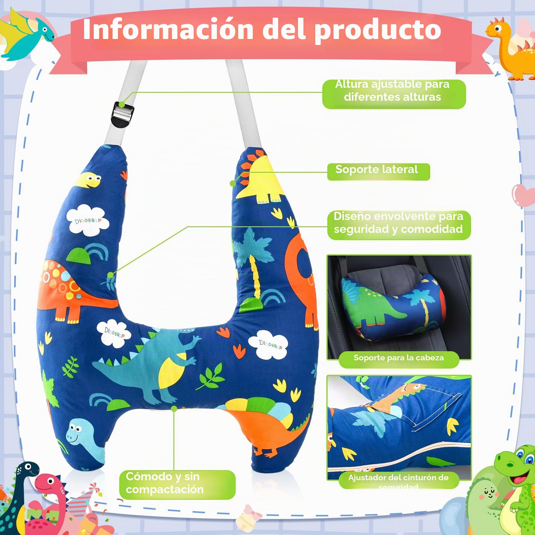 Cojín de viaje para niños en coche, cojín para niños en forma de H, cojín de viaje lavable y cómodo para dormir en el coche, cojín cervical para niños en viajes largos