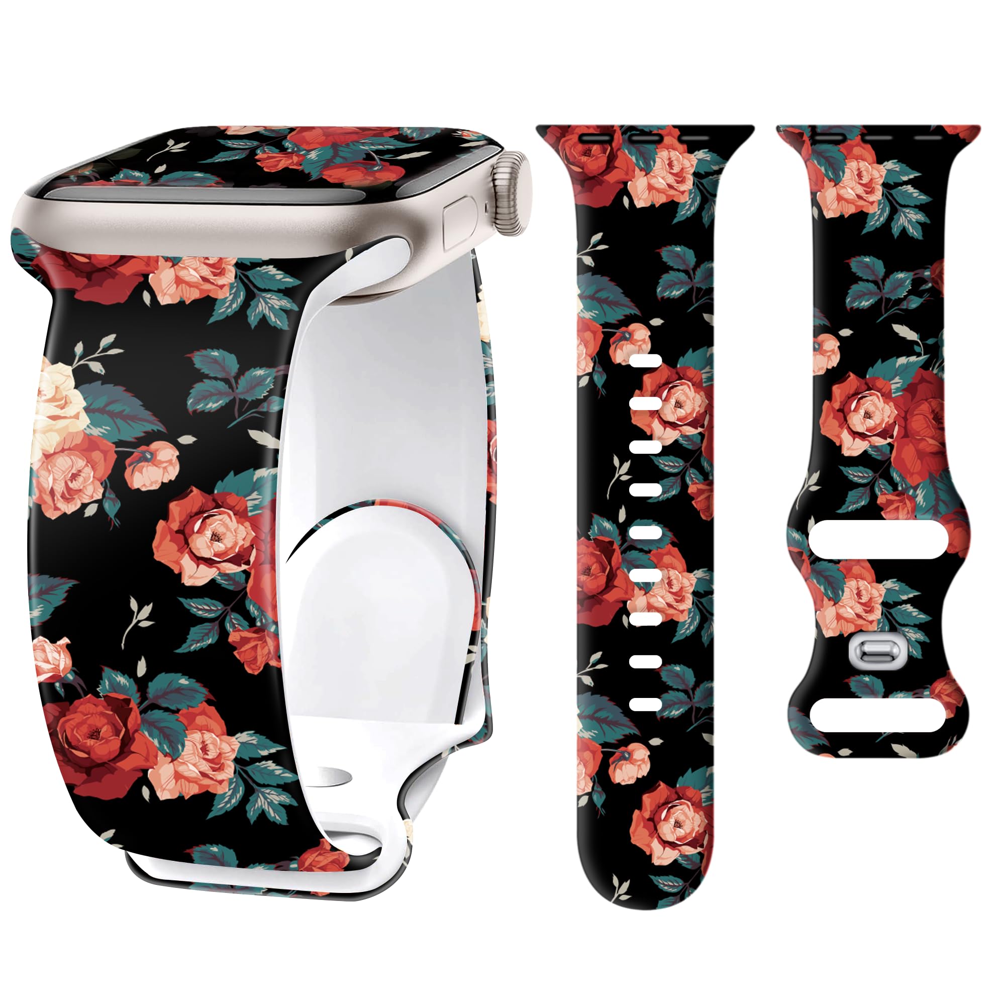 G-ficu Silicone Floral Band for Apple Watch Bands 40mm 41mm 42mm(S10) 38mm for Women, Cute Flower iWatch Bands, Fancy Dressy Sport Strap for Apple Watch Band Series 10 9 8 7 SE 6 5 4 3-Red Rose