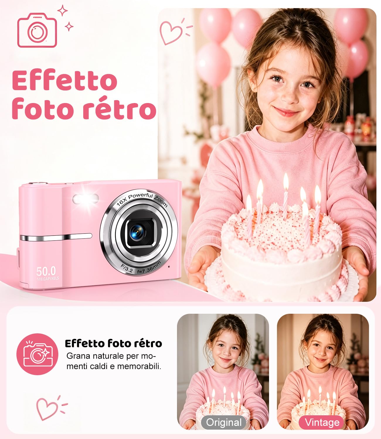 Macchina Fotografica Digitale 50MP 1080P, Autofocus, Schermo 2,4", Zoom Digitale 16X, Anti-Shake, Nero Vlogging Compatta Digital Camera per Ragazzi, Bambini, Studenti e Principianti, Rosa 16GB