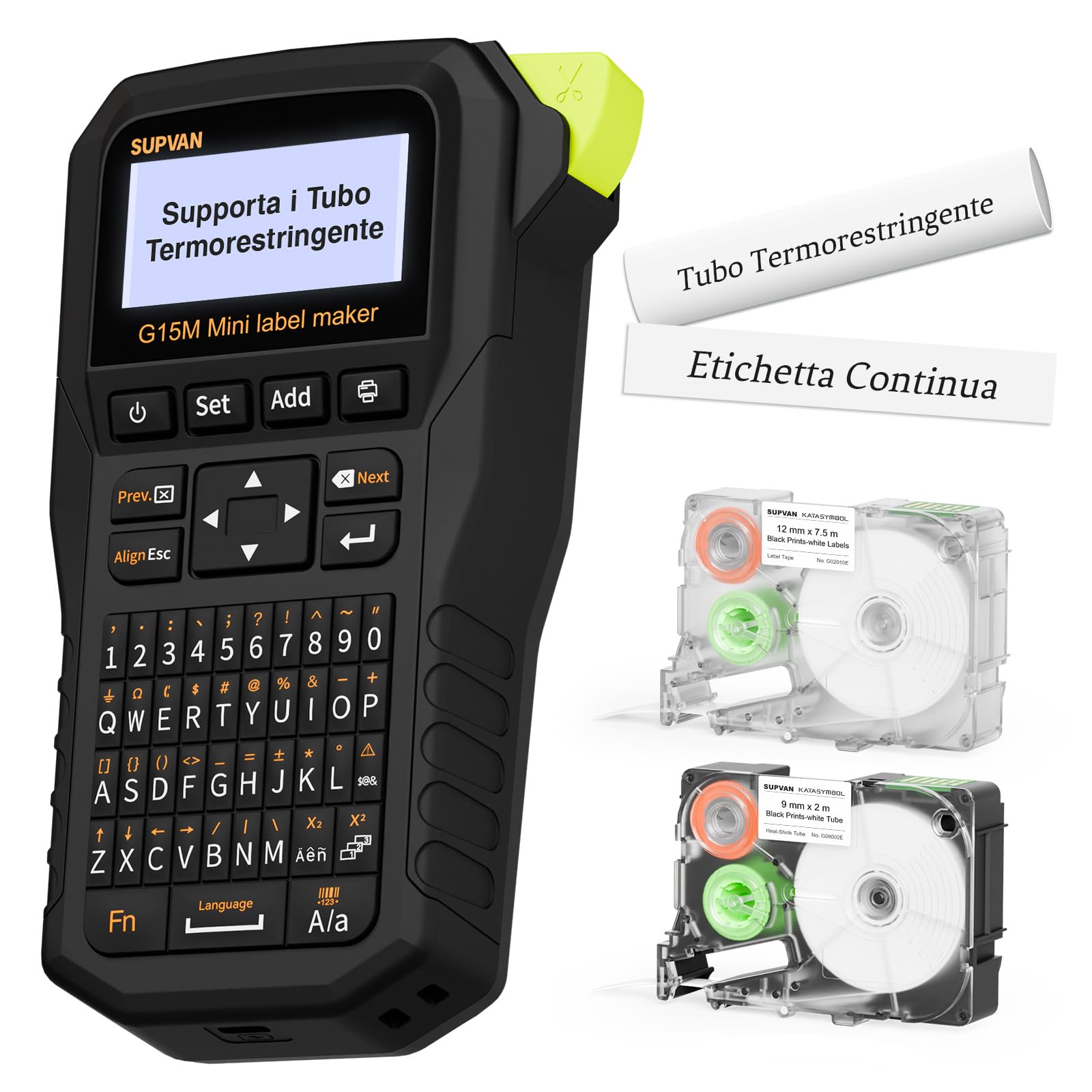 SUPVAN G15M Mini Stampante per Etichette da Tastiera con Batteria, Compatibile 6-15mm Carta/Tubi Termorestringenti, Ideale Casa-Ufficio-Industria, Include 2 Rotoli: 12mm Bianca + Tubi Termo