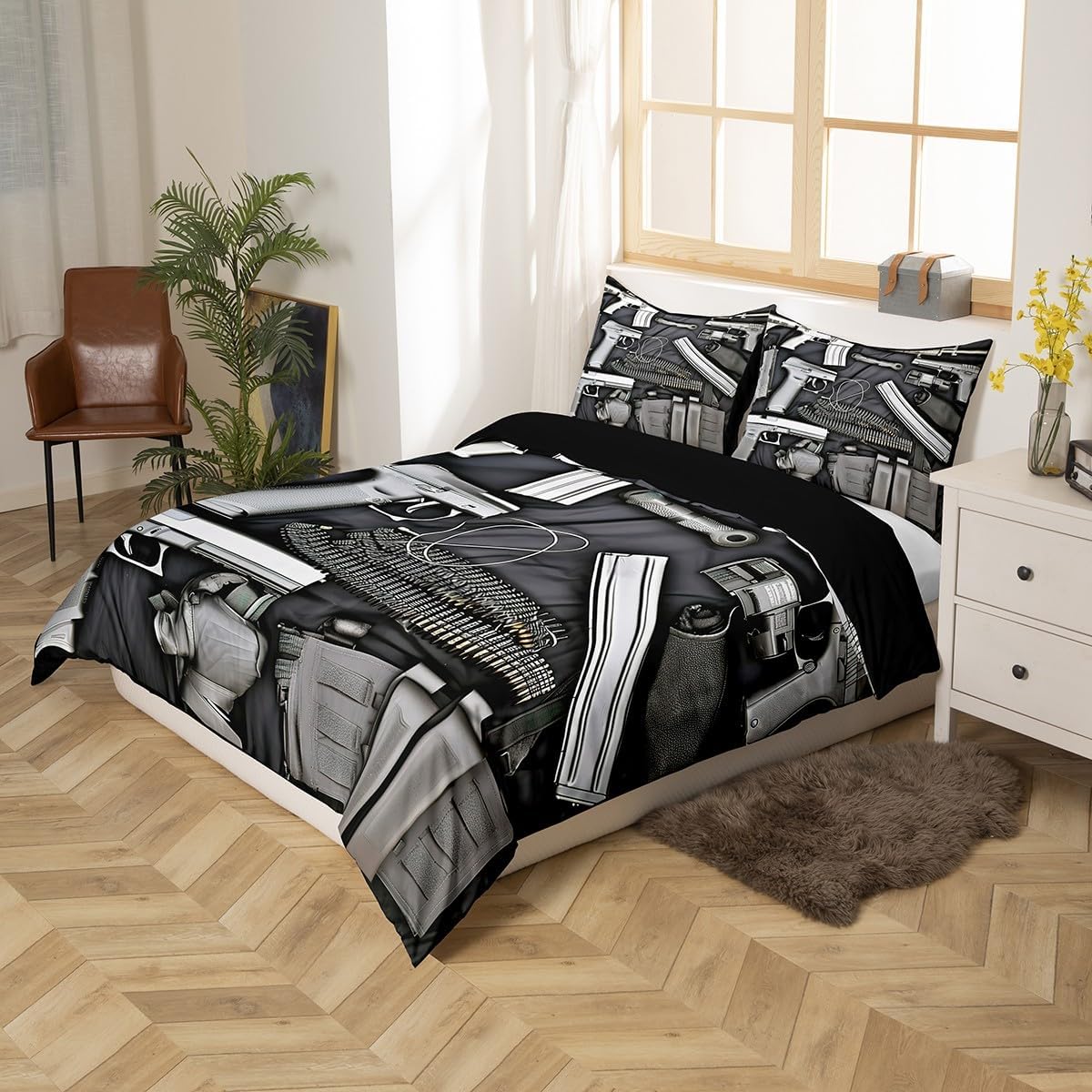 Feelyou Army Rifle Machine Gun Bedding Set Gun Pattern Duvet Cover for Kids Children Teens War Theme Comforter Cover Military Themed Bedspread Cover Bedroom Decor Quilt Cover 3Pcs Full Size