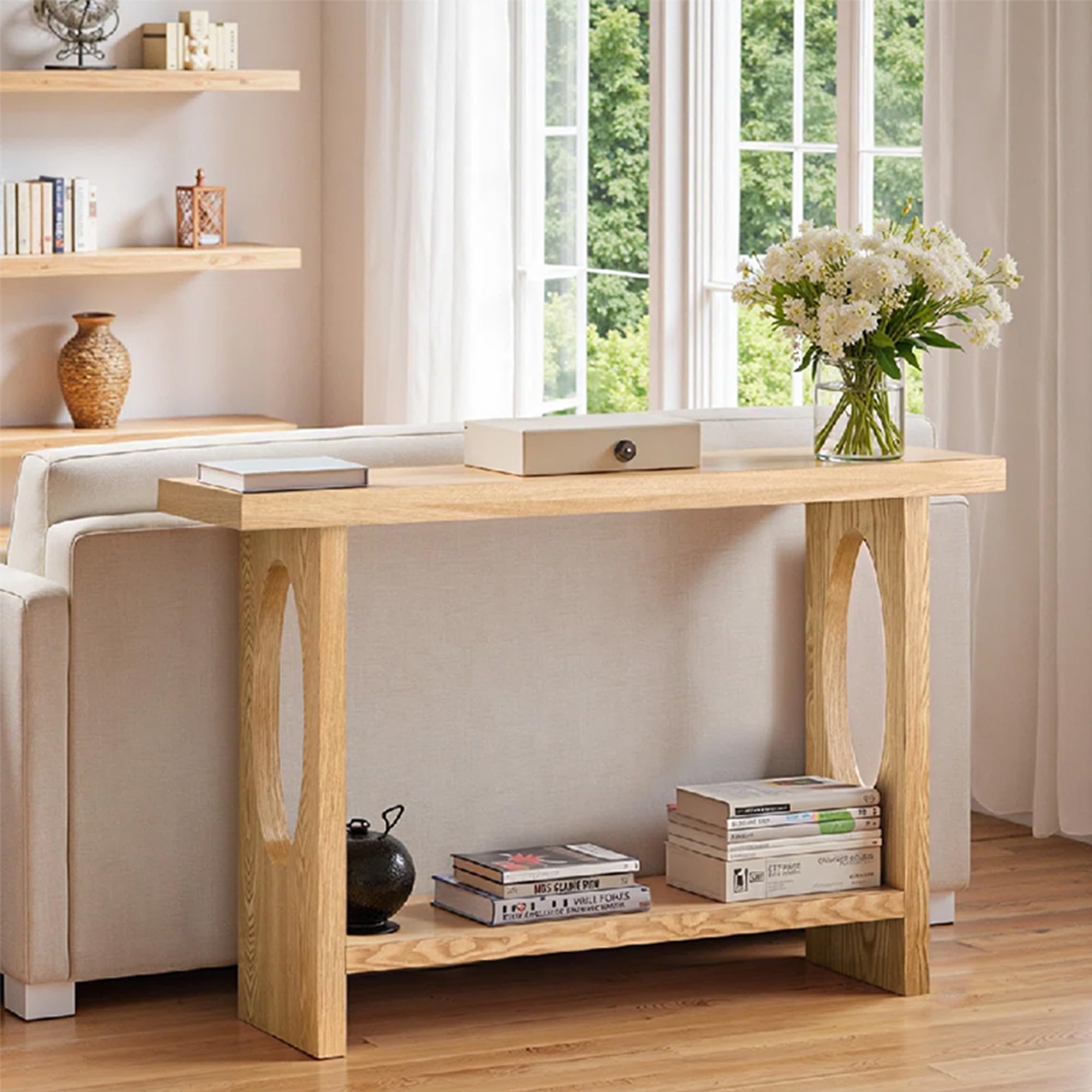 Mesa consola de madera con estantes inferiores de diseno nordico