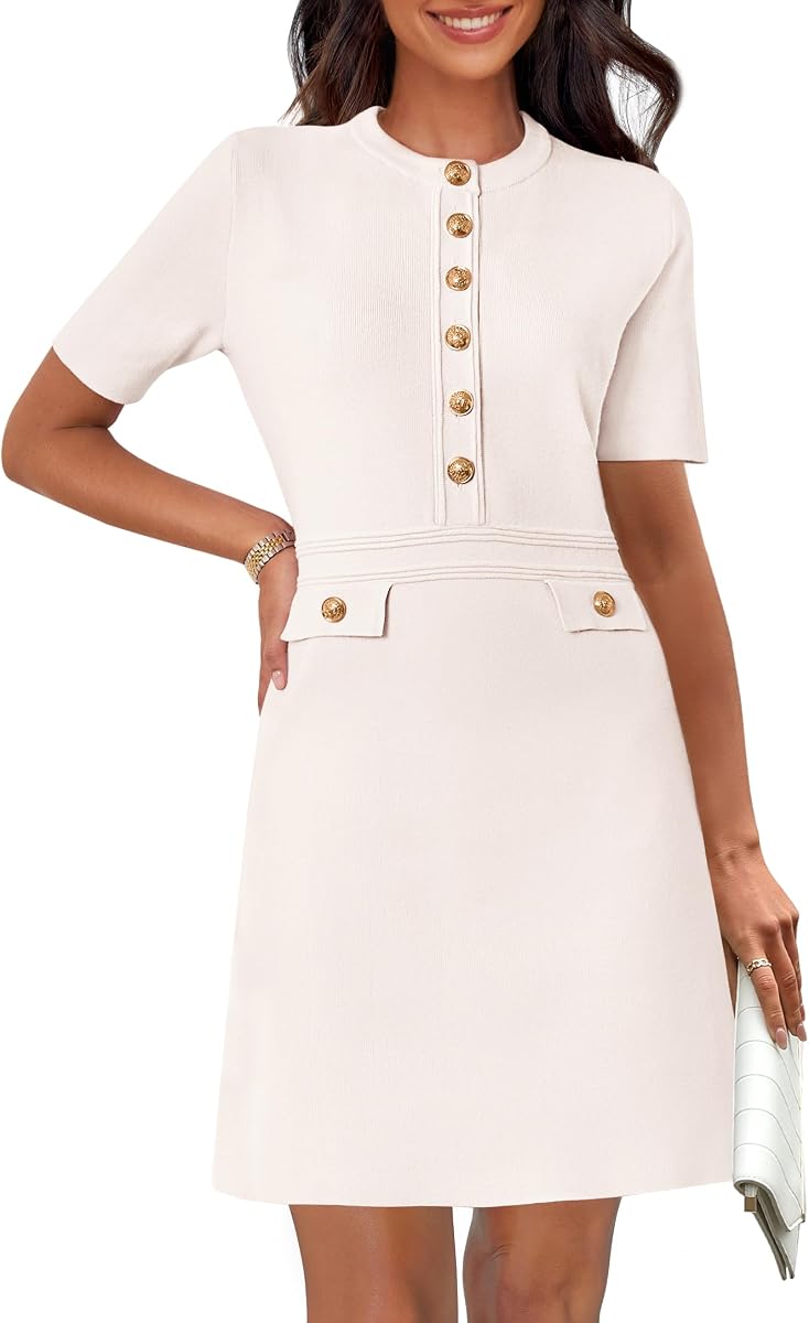 MEROKEETY Women's Summer Short Sleeve Bodycon Sweater Mini Dress | Business Casual Outfits, Button Down, Formal Work Office Short Dress, Elegant Classy, Crewneck, Knit Fabric, Funeral Dress