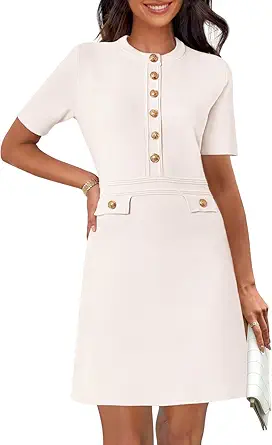 Women's Summer Bodycon Sweater Dress Business Casual Outfis Short Sleeve Knit Button Formal Elegant Work Dress