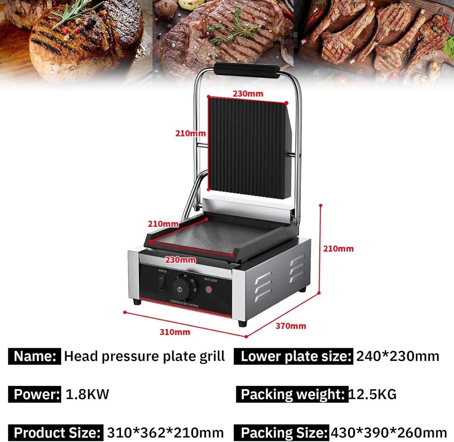 Piastra per Sandwich in Ghisa da 1800 W, Pressa Professionale per Panini, Griglia per Panini da 50°c A 300°c, per Hamburger, Bistecche, Pancetta, Panini, Salsicce