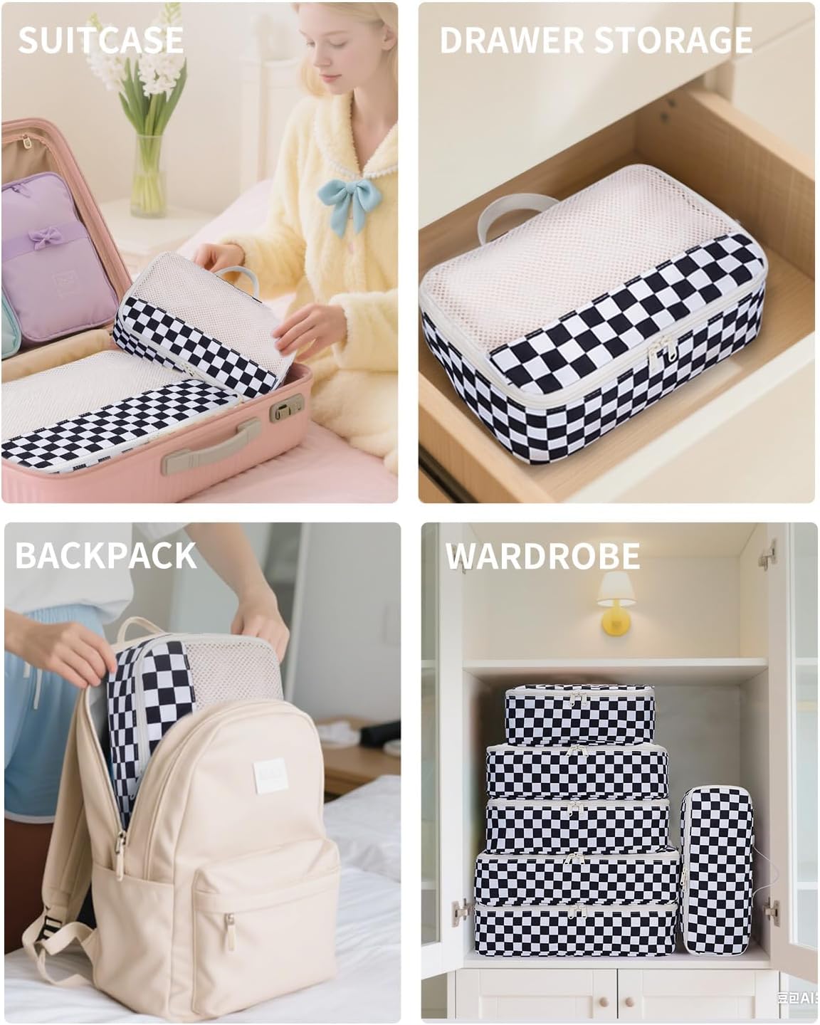 Narwey 7 Set Checkered Packing Cubes for Travel Carry on Suitcase Luggage Organizer Bags for Kids Women Men, Durable Packing Organizers Bag, Travel Essentials Accessories (Black Checkerboard) - Image 5