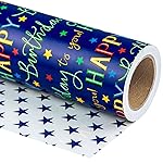 WRAPAHOLIC 30 Inch Reversible Birthday Wrapping Paper - 30 Inch x 33 Feet - Colorful Happy Biday Lettering and Stars Design for Birthday Party, Baby Shower, Holiday