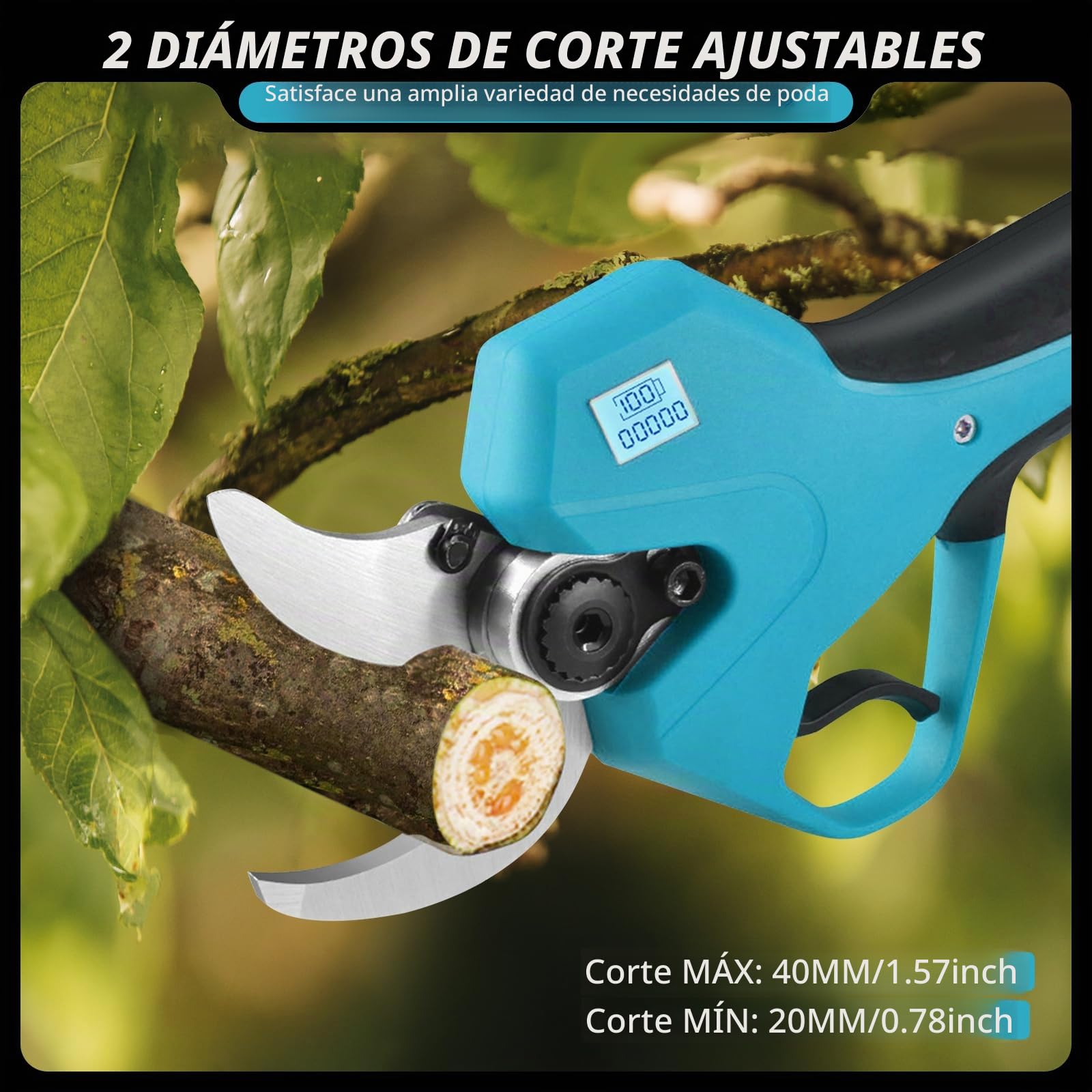 Tijera de podar eléctrica de 40MM, Tijeras de podar eléctricas Profesionales de con pértiga telescópica de 2.2 m Compatible con Makita 18V batería, Podadora Electrica/Pantalla LCD para Jardinería