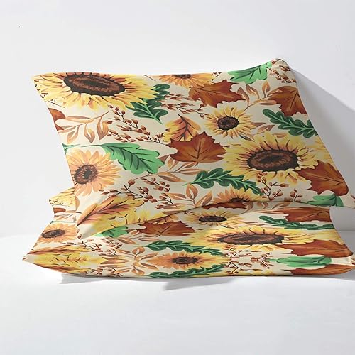 Miniatura 3 de Sábanas de girasol, tamaño King, hojas de otoño, sábanas y fundas de almohada estampadas, juego de 4 piezas, sábana bajera ajustable de microfibra