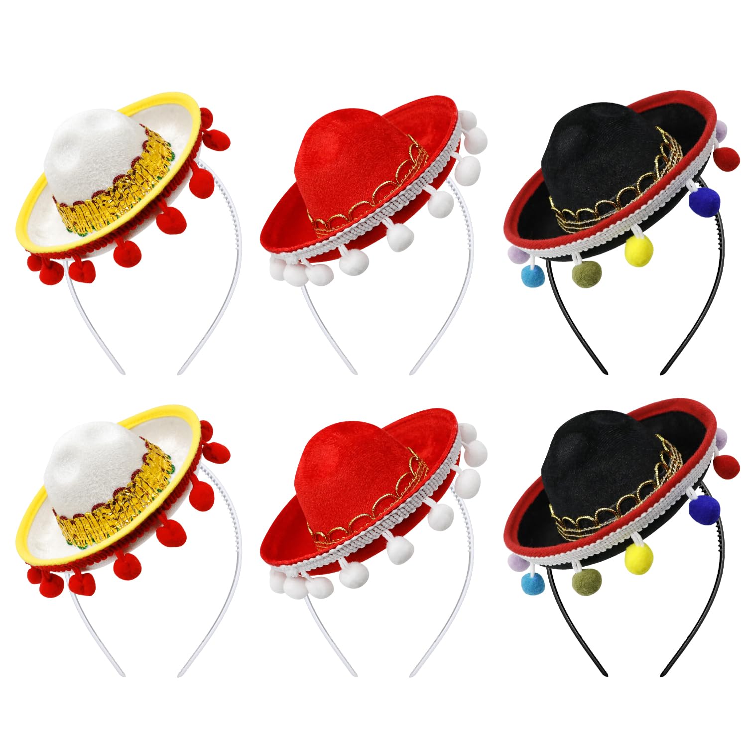 Yzpacc Set von 6 Cinco de Mayo Stroh Sombrero Stirnband Stoff Partyhüte mit Ball Fransen Dekoration für Fiesta Hut Partyzubehör, Dia de Muertos, mexikanische Themen Dekorationen Partyzubehör