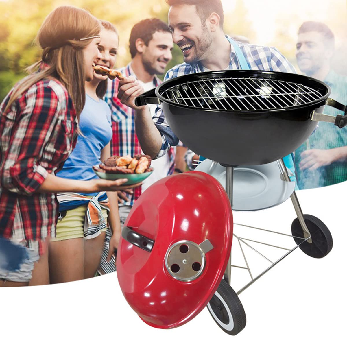 Barbecue Rotondo a Carbonella, 17" BBQ Carbonella Portatile per Giardino, Griglia a Sfera con Acciaio Cromato, Contenitore Carbonella Smaltato, Coperchio, 2 Ruote, 45cm X 19cm X 45cm
