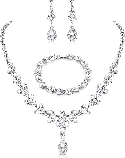 JeryWe Necklace Dangle Earrings Bracelet Set for Women Bride Bridesmaid Crystal Bridal Jewelry Set for Wedding Engagement Party Prom Jewelry Set