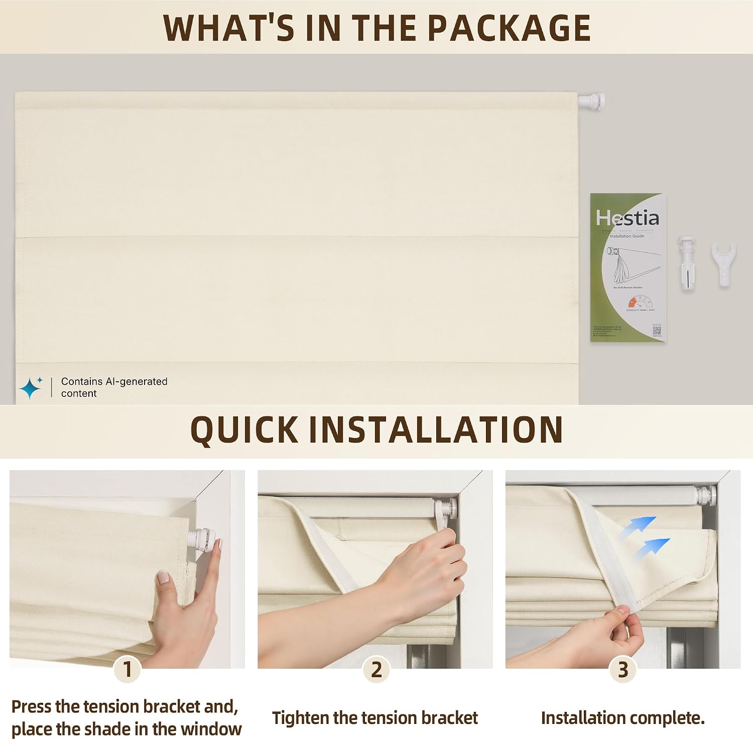 Hestia No Drill Cordless Roman Shades for Windows, Beige, 35" W x 64" H