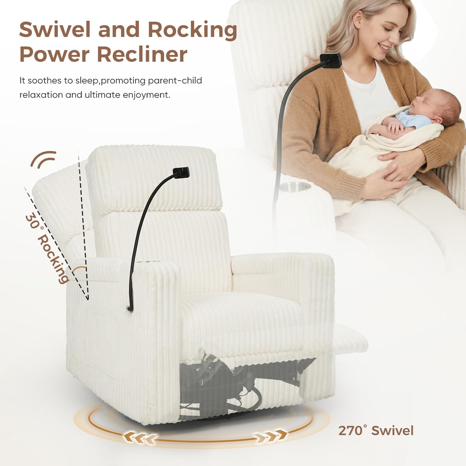 Power Recliner Chair, Swivel Rocker Recliner with Removable Mobile Holders, Corduroy Nursery Glider Chair with Hidden USB & Type-C for Nursery, Living Room, Bedroom, Beige