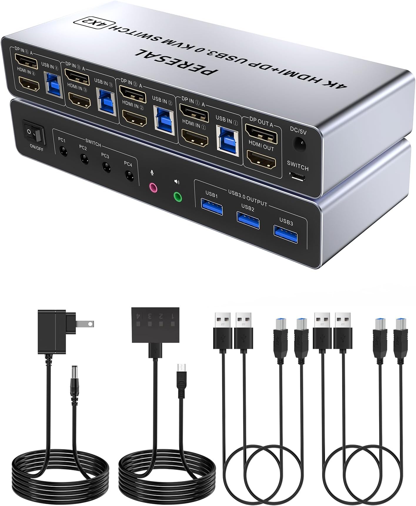 USB 3.0 HDMI+Displayport KVM Switch for 4 Computers and 2 Monitors, 4 Port Dual Monitor, 4K@60Hz Support with EDID, Audio，Microphone，and 3 USB 3.0 Ports