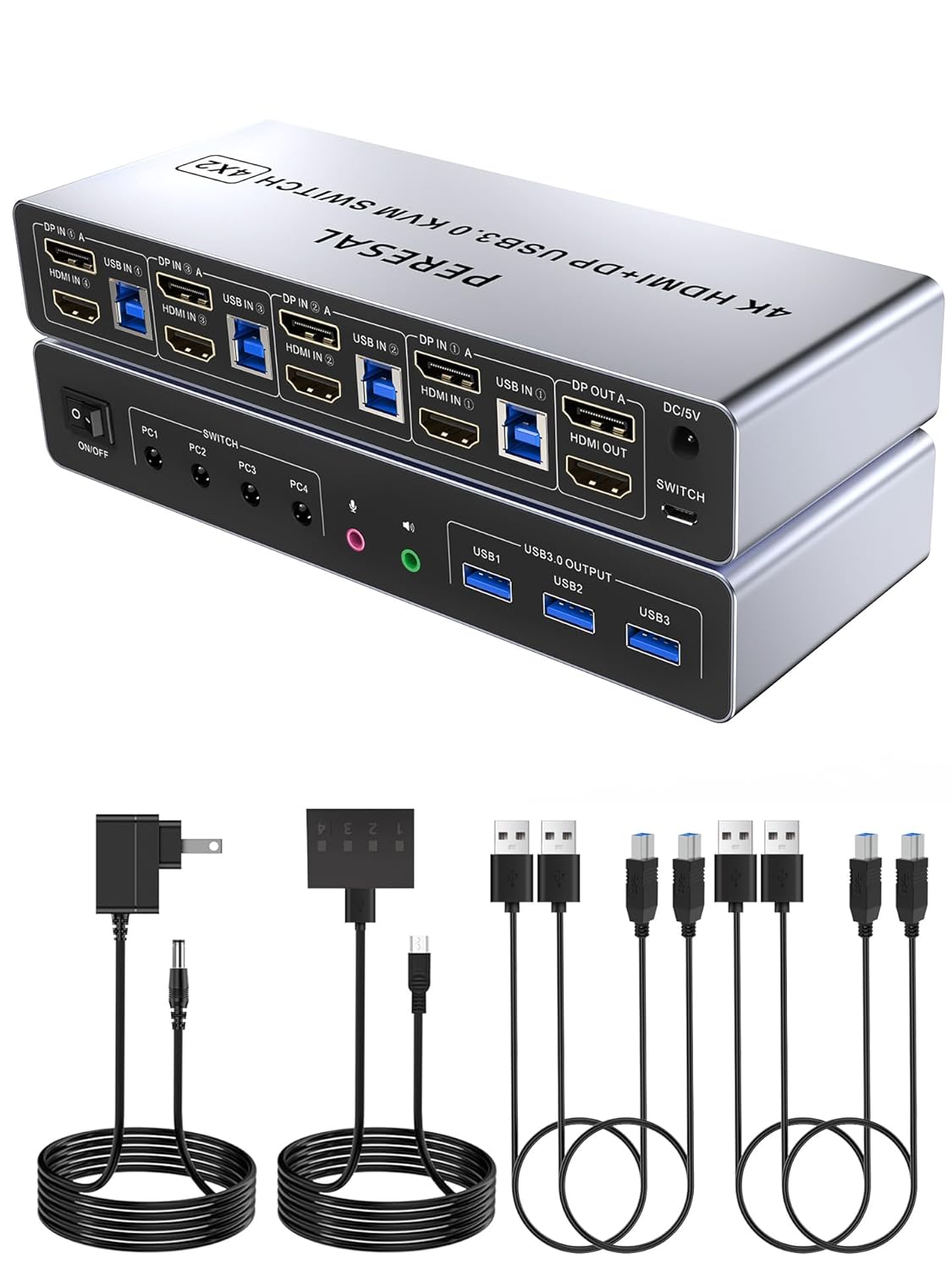 USB 3.0 HDMI+Displayport KVM Switch for 4 Computers and 2 Monitors, 4 Port Dual Monitor, 4K@60Hz Support with EDID, Audio，Microphone，and 3 USB 3.0 Ports