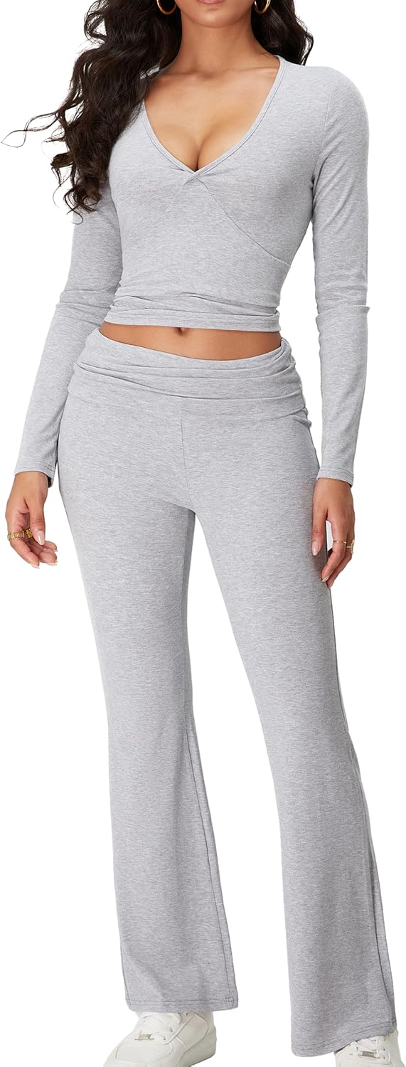 iGENJUN Women's 2 Piece Sets Long Sleeve V Neck Crop Top Wide Leg Tracksuits Casual Lounge Set Matching Sets Fall Outfits - Image 2