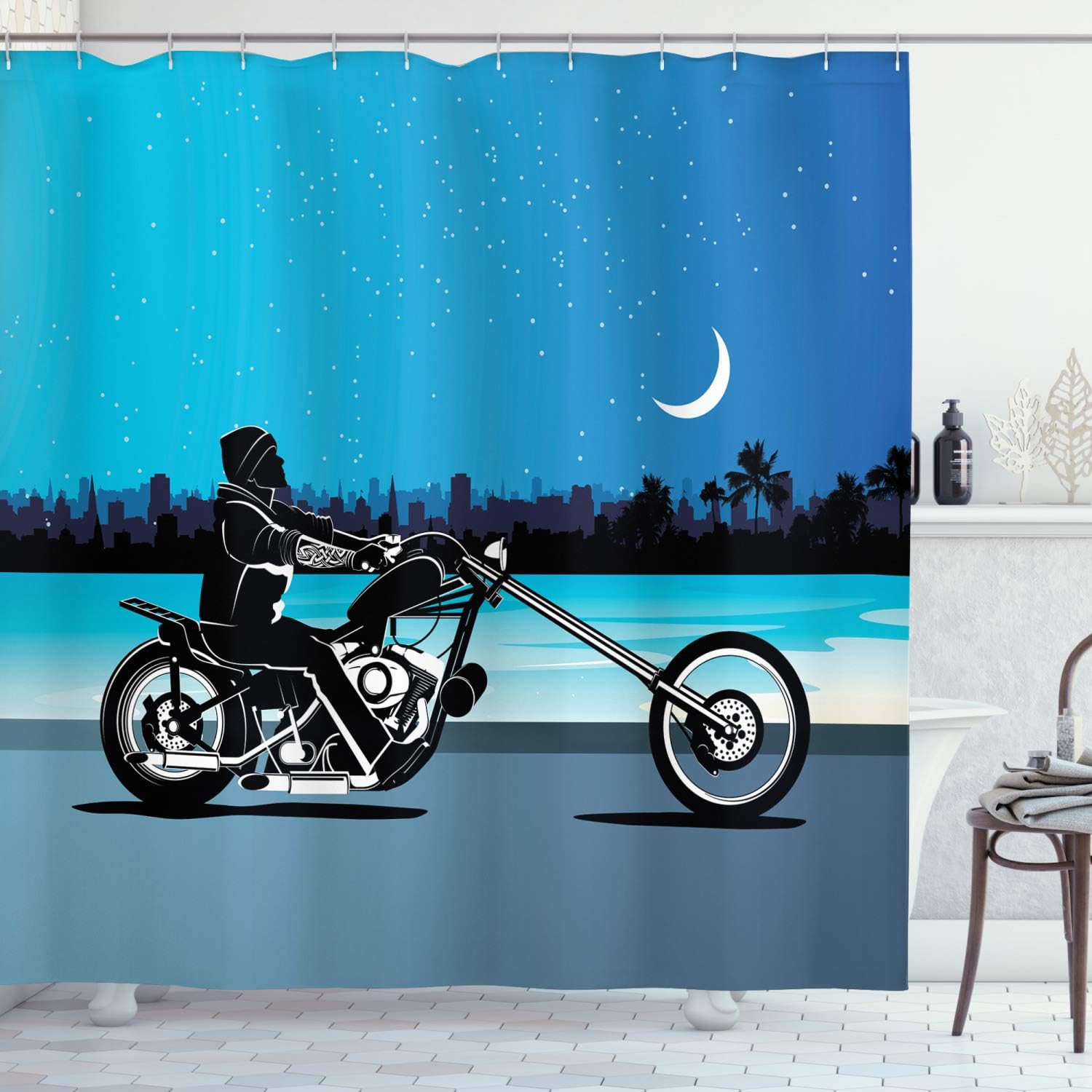 Ambesonne Motorcycle Shower Curtain, Art with Chopper Motorcycle Biker Riding Starry Night Sky Cityscape Silhouette, Cloth Fabric Bathroom Decor Set with Hooks, 69" W x 70" L, Black Navy