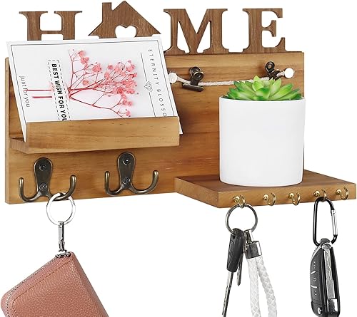 Soporte para llaves de pared, soporte rústico para llaves y correo para pared, soporte de llave colgante de madera con 7 ganchos, organizador de