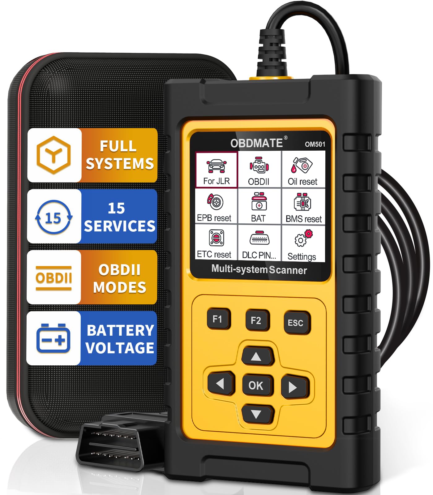 OBD2 Scanner for Jaguar/Land/Rover, OM501 All Systems Diagnostic Tool with 15 Resets (Oil/ETC/EPB/ABS/SAS/BAT Register...), Full OBDII Functions Read&Erase Fault Codes, Free Software Update