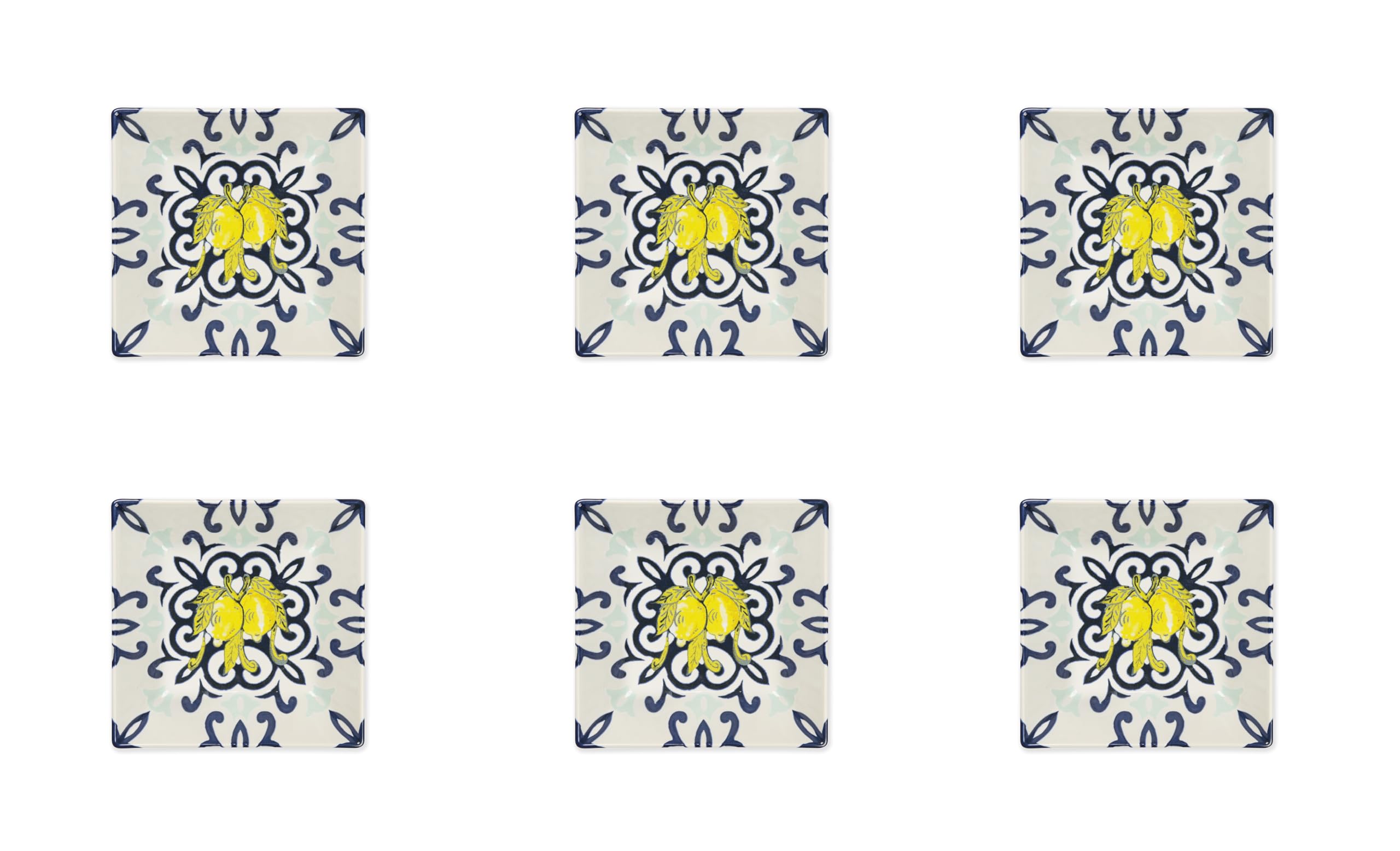 Excelsa Amalfi Set 6 Piatti Fondi in Ceramica, 17x17 cm, Motivo Mediterraneo Blu e Giallo
