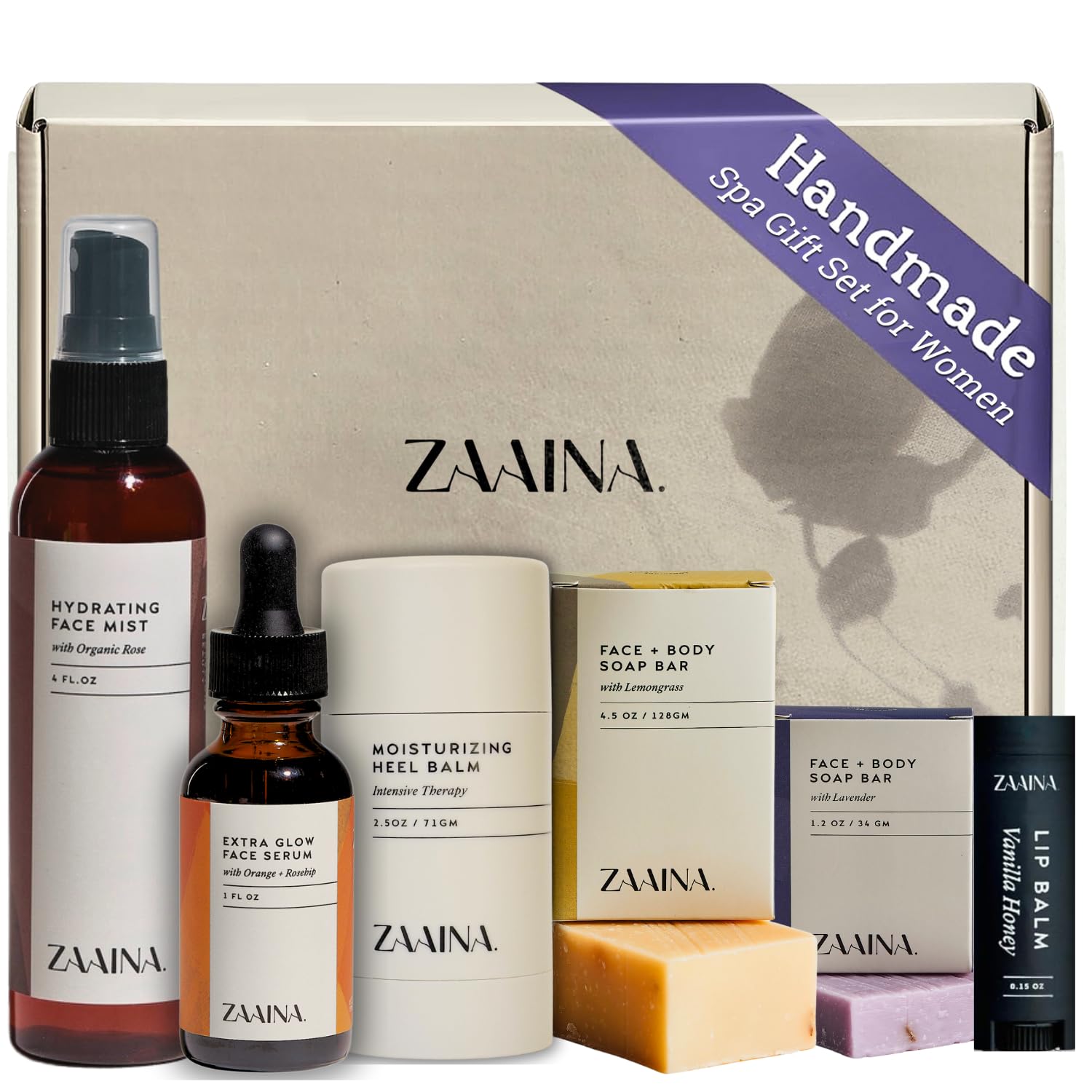 spa gift set for her - close up of ZAAINA face serum and mist in holiday kit